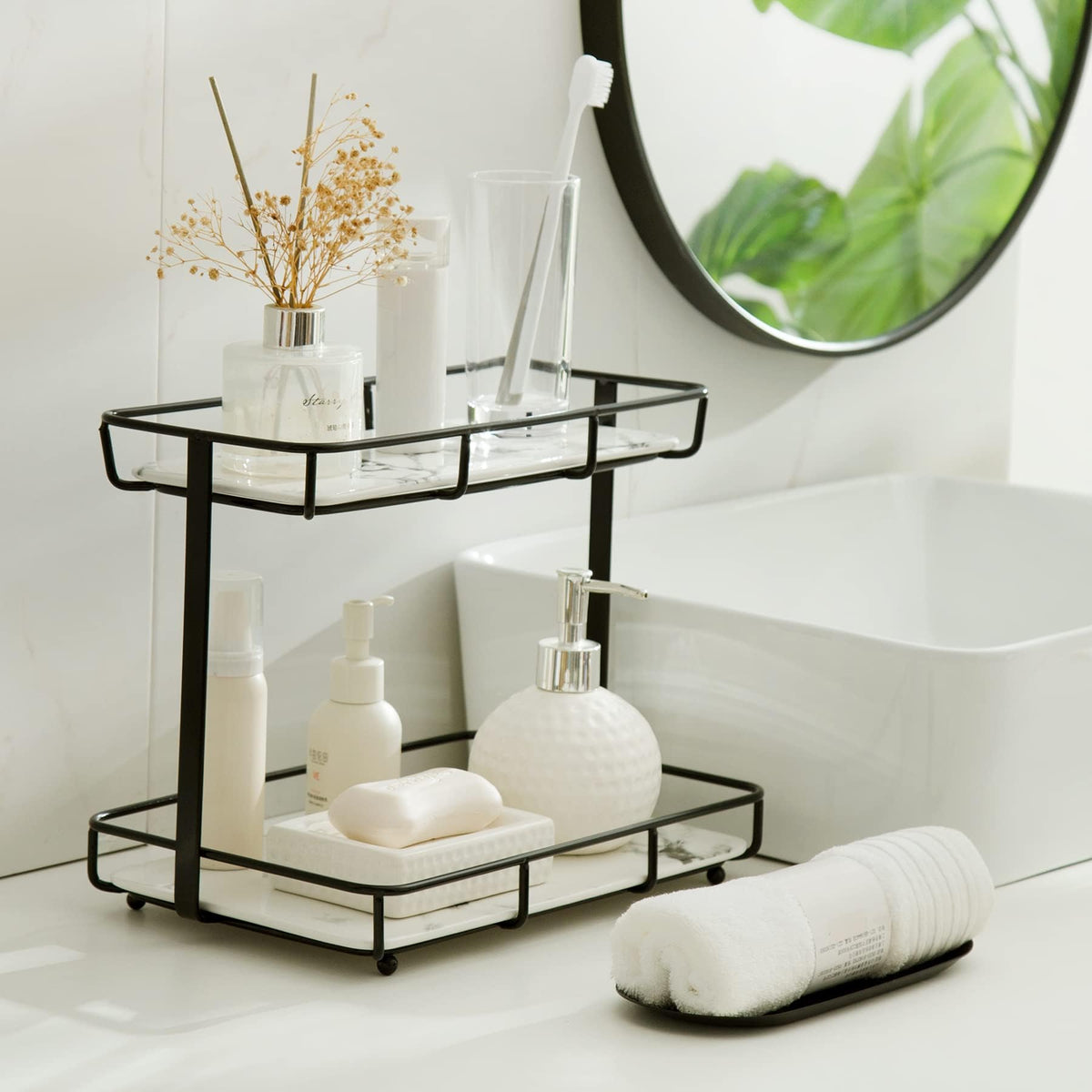Dobbyby Bathroom Organizer Countertop Perfume Organizer Makeup Organizer Cosmetics Storage Display Rack 2 Tier Vanity Tray Dresser Stainless Steel Shelf Marble Print Ceramic Tray (2 Tier L-Black)
