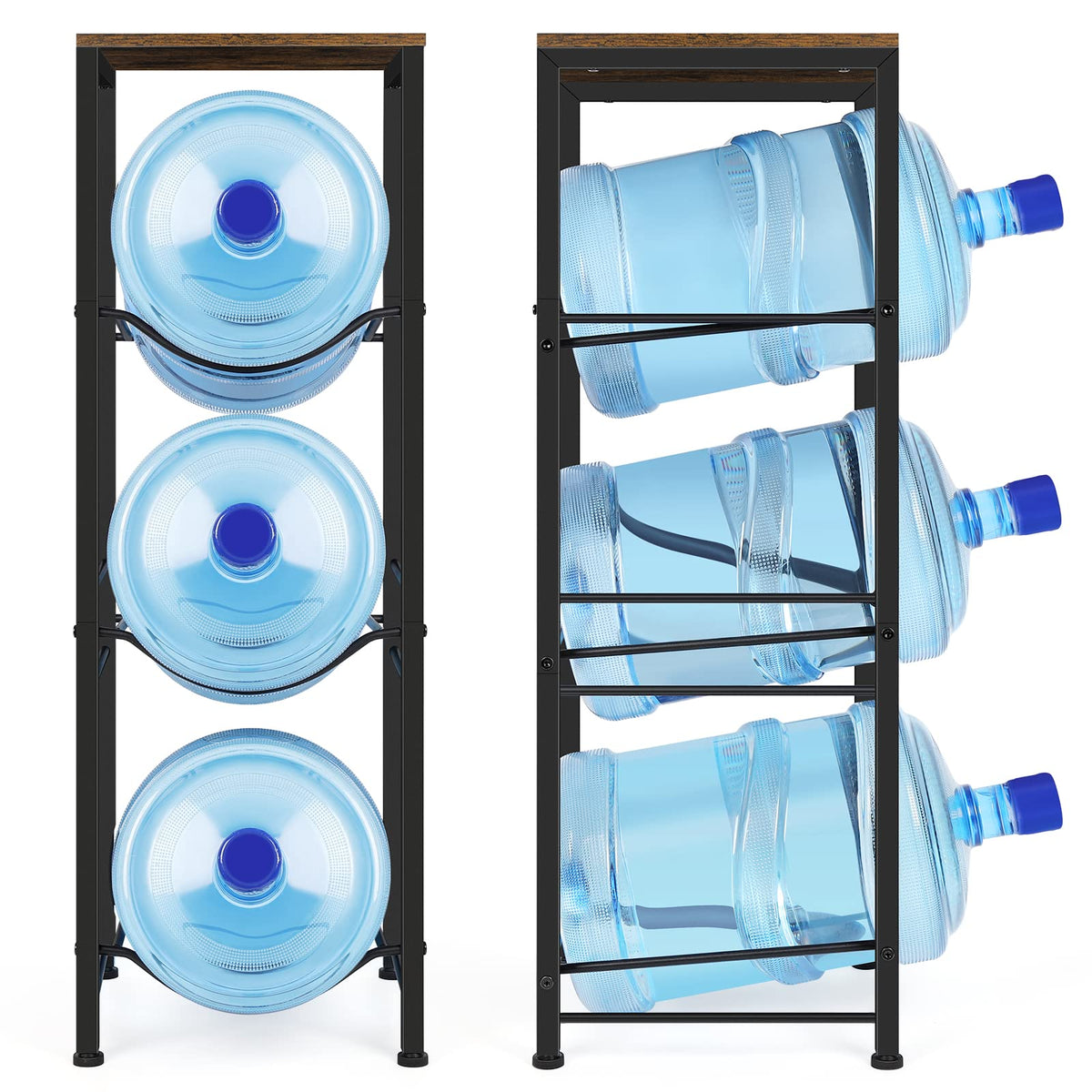 Water Jug Holder Rack 3-Tier Water Storage Organizer with Shelves for 5 Gallon Water Bottle Dispenser Stand for Office Kitchen Living Room Office, Rustic Brown