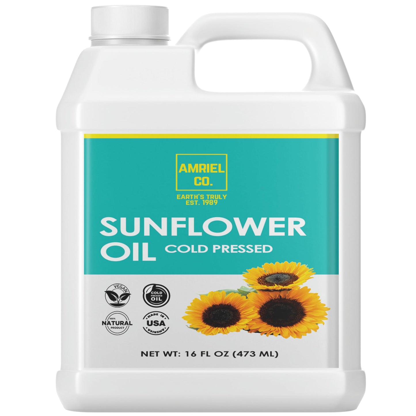 Sunflower Oil (16 oz Bulk Value Size) Non-GMO, 100% Pure, Natural Liquid Form | Cold Pressed & Unrefined | Moisturizing Oil for Face, Body & Hair | Plant-Based Versatile Skincare Base for DIY Lotion, Balms, Serums and More | By Amriel Co.