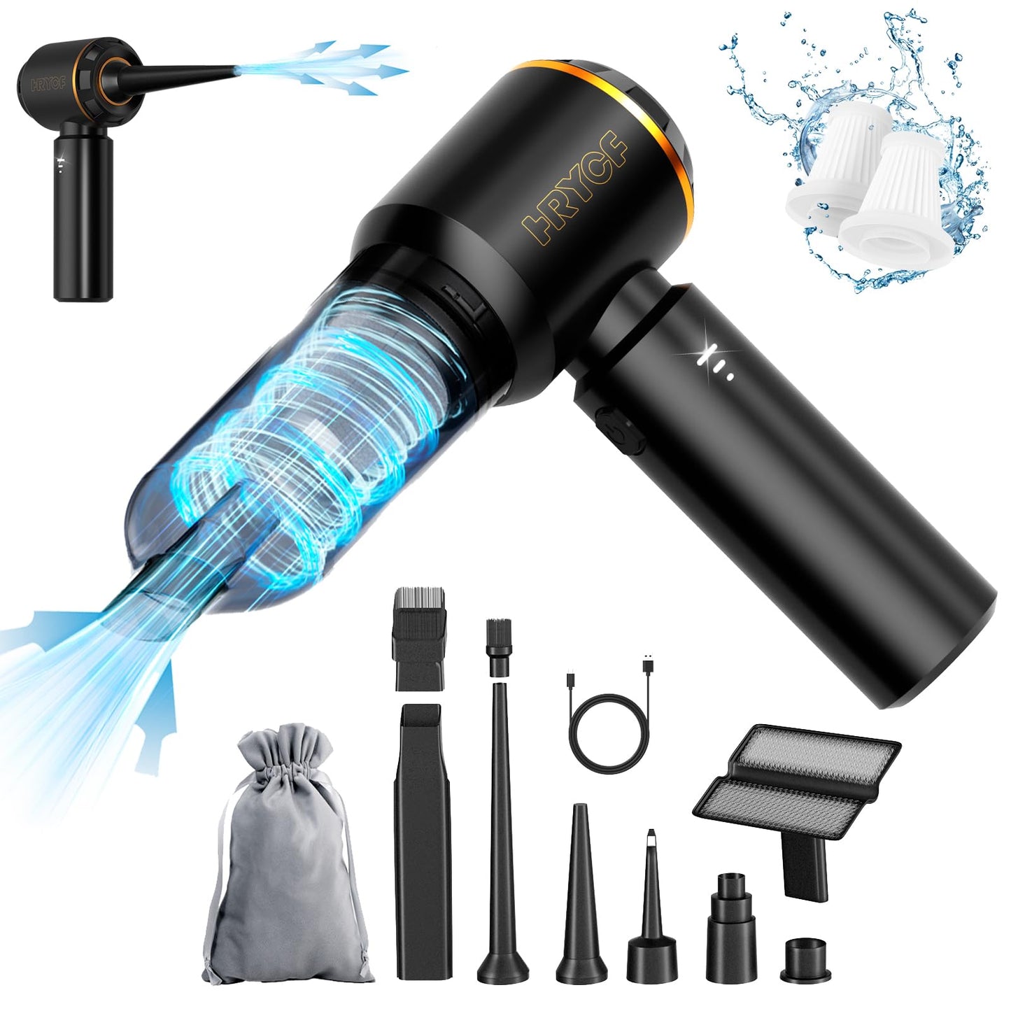 HRYCF Handheld Vacuum,Car Vacuum Cleaner,4-in-1 20000PA High Power Portable Rechargeable Vacuum Cleaner with Brushless Motor, Small Handheld Vacuum & Air Blower & Pump-Black