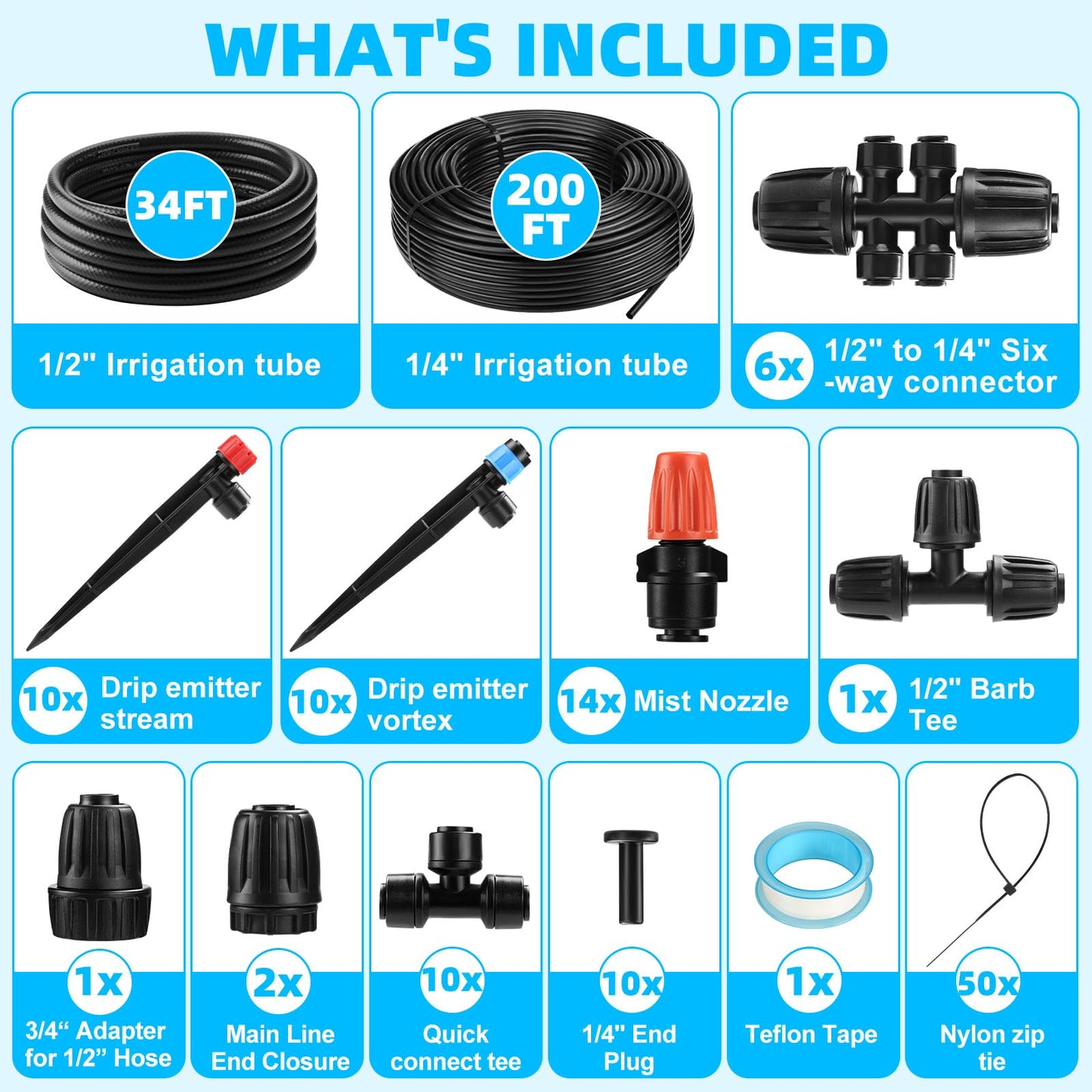 234FT Drip Irrigation System - Garden Watering System with Adjustable Three Spray Patterns with 1/2" Main Tube and 1/4" PE Distribution Tubing for Plants in Gardens, Raised Beds, Greenhouses, Lawns