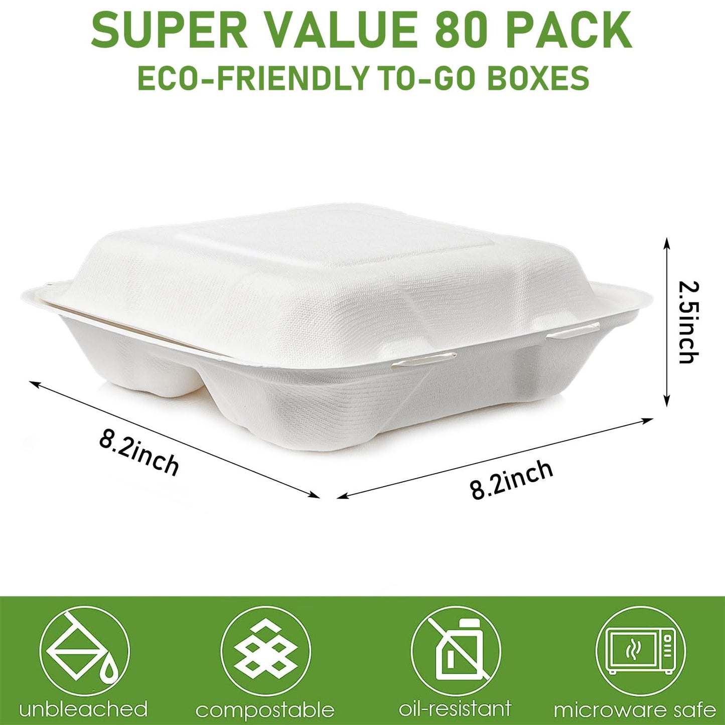 8X8" 3 Compartment 80-Pack Plastic Clamshell Take Out Food Containers, Heavy Duty To-go Disposable Lunch Box For Cake, Sandwich, Salad,Dessert, Restaurant Meal Prep Packaging Catering Hinged Container
