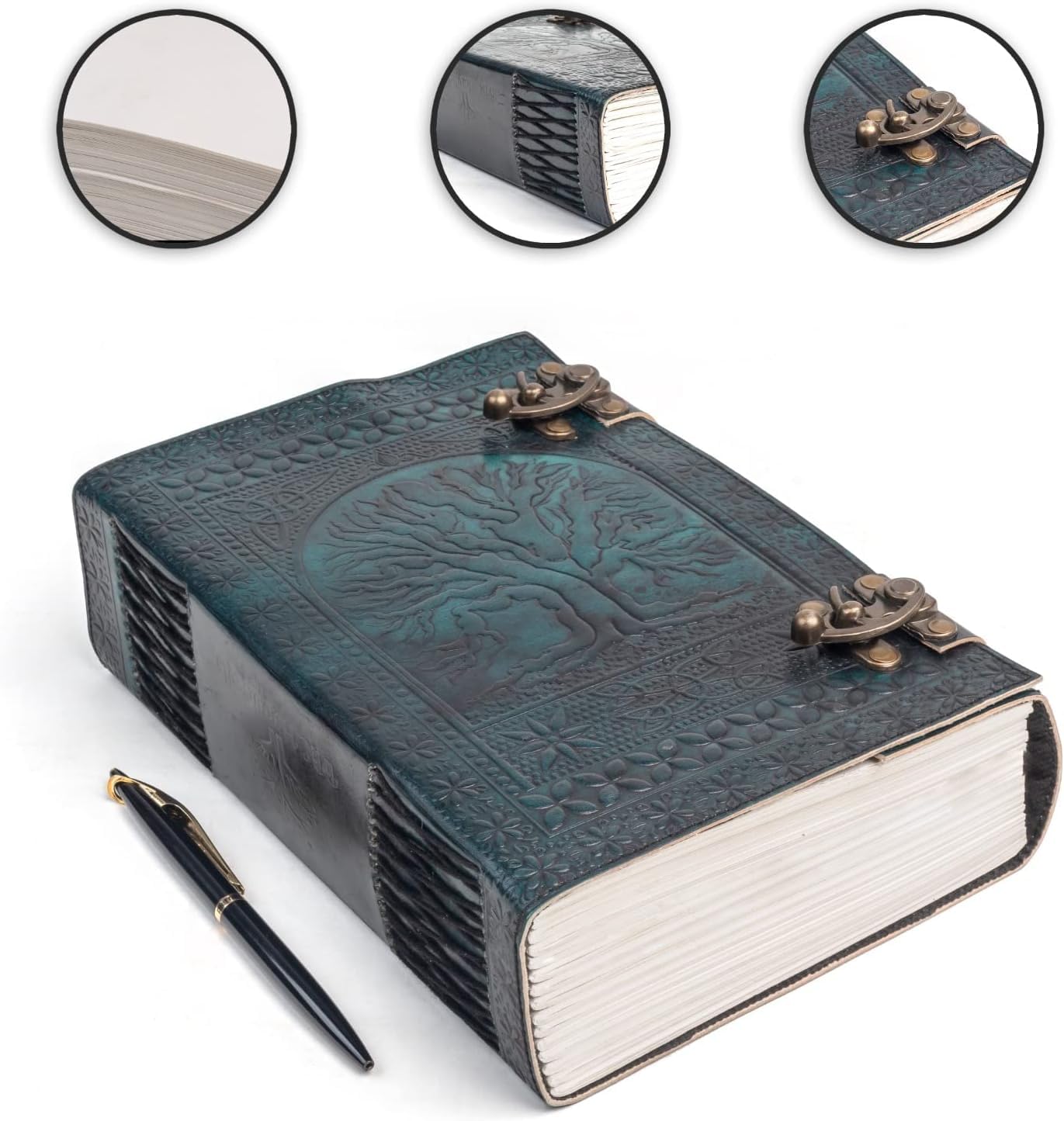 TUZECH 600 Pages Handmade Large Leather Journal Diary Embossed Tree of Life Book Of Shadows Hocus Pocus Notebook Writing Grimoire Sketchbook (7 x 10 Inches) (Green)