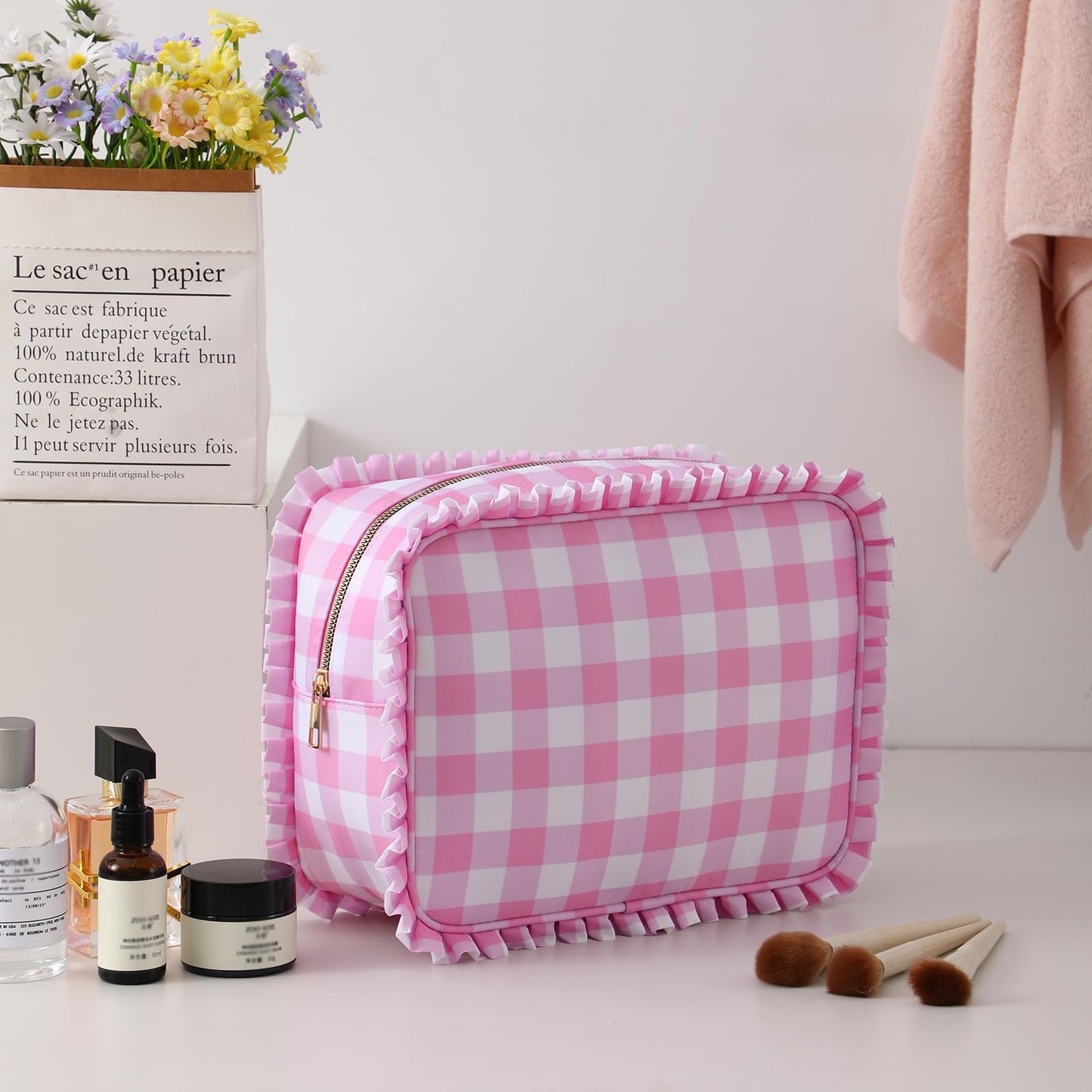 EMBRUNIOICE Gingham Ruffle Makeup Bag,Large Travel Cute Cosmetic Bag for Women Girls,Toiletry Bag Make up Organizer 11.8 x 4.7 x 9 inch (Pink Gingham)
