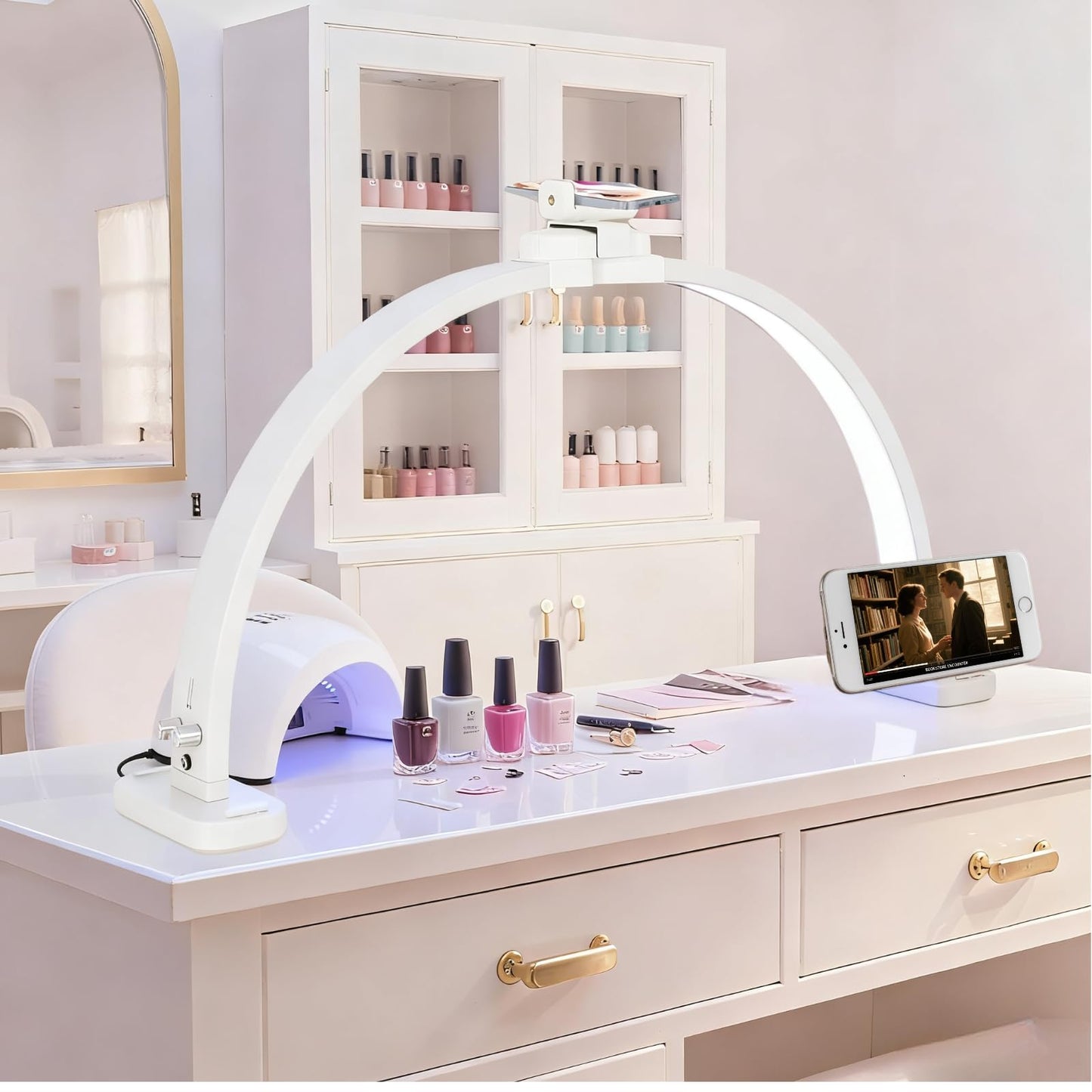 Senasvo Half Moon Light Designed for Nail Desk Lamp, 31Inch Foldable Nail Lamp Desk with 360 Degree Rotating Phone Holder, 3 Color Modes and Stepless Dimming, Ideal for Manicure and Tattoo.(White) 