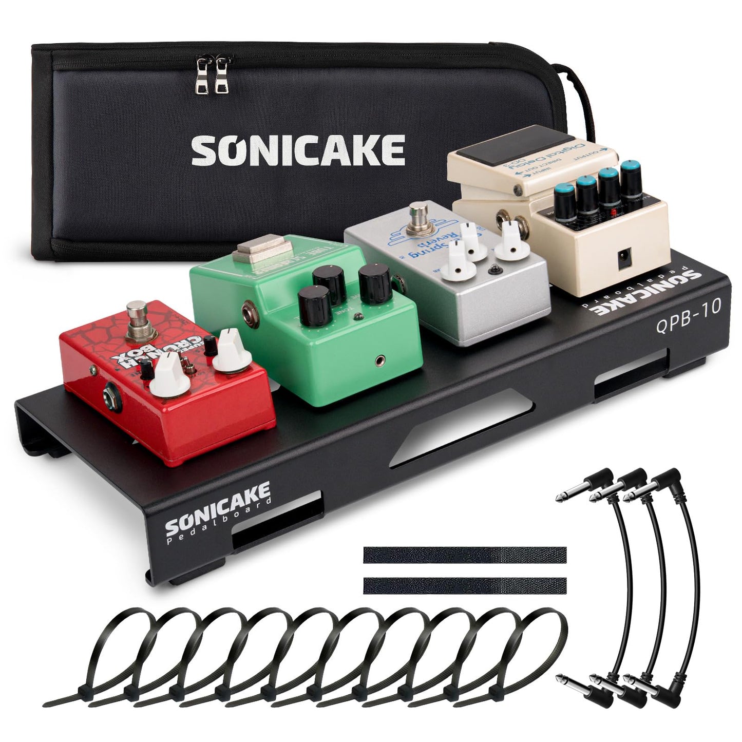 SONICAKE QPB-11 Mini Guitar Pedal Board Aluminium Alloy Effect Pedal Board 36 x 14.5 x 5 cm with Bag, Pedal , Cable Ties, Patch Cables, Black