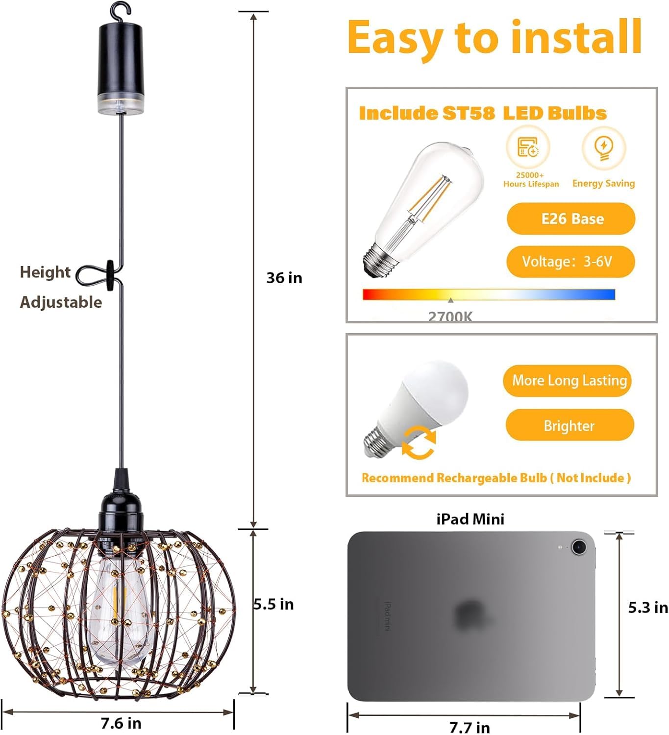 All Fortune Battery Operated Hanging Outdoor Chandelier, Battery Operated Gazebo Pendant Light Outdoor Waterproof, No Wiring, Powered by 4 AA Batteries, for Gazebo, Porch, Pergola, Decor Lighting (2)