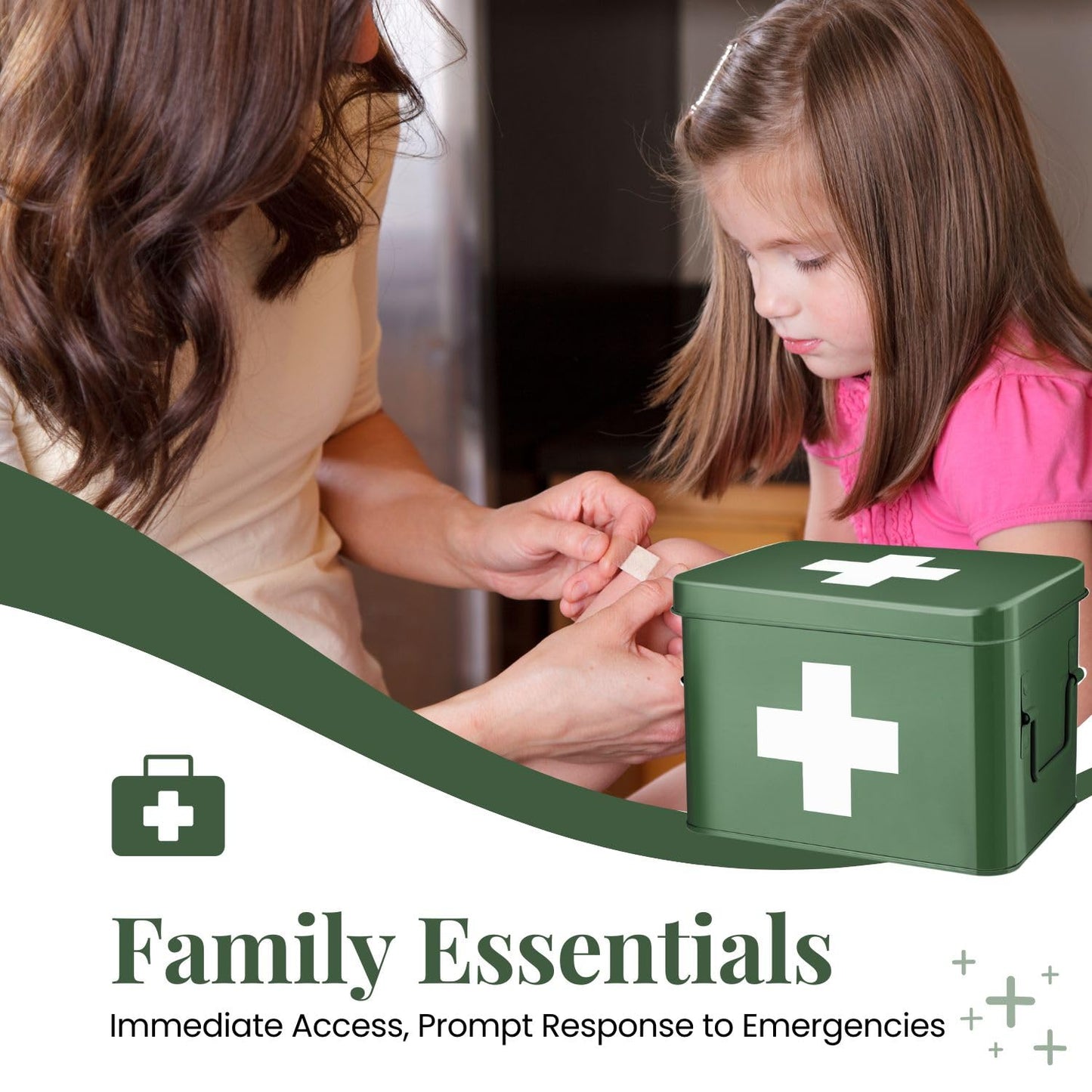 Flexzion First Aid Box Organizer, Empty 8.5 Inch Green Vintage First Aid Kit Tin Metal Medical Box First Aid Storage Box Container Bins with Dividers, Removable Tray and Cross Logo
