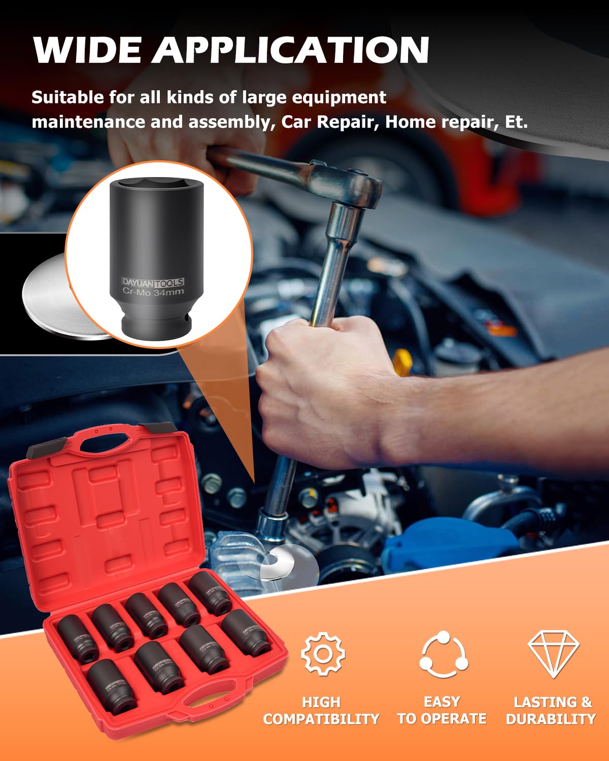 DAYUAN 9 Pcs Axle Nut Hub Impact 1/2- Inch Drive Socket Set 29mm 30mm 31mm 32mm 33mm 34mm 35mm 36mm 38mm