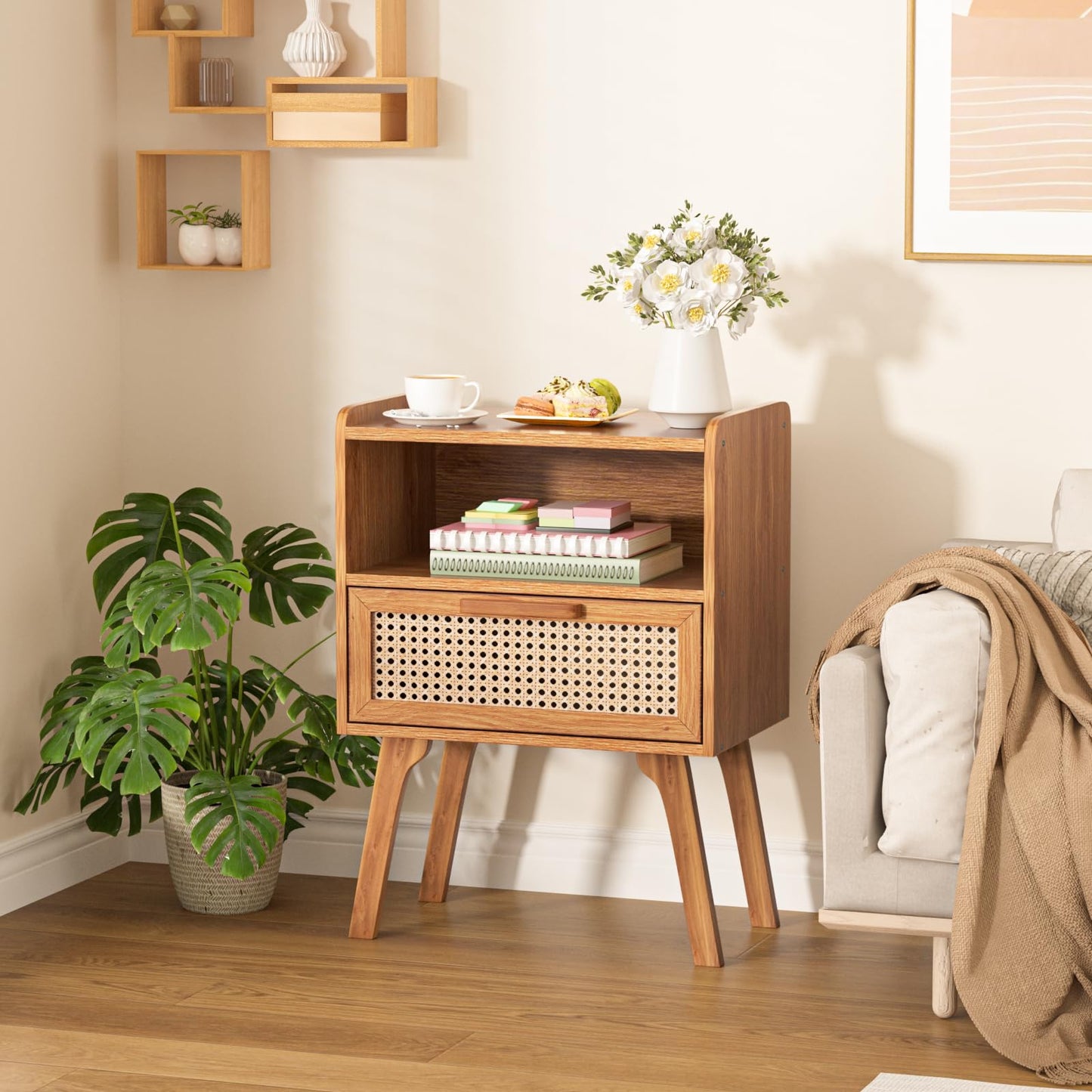 Lerliuo Rattan Nightstand, Boho Side Table with Drawer Open Shelf, Cane Accent Bedside End Table with Solid Wood Legs for Bedroom, Dorm and Small Spaces(Tea Brown)