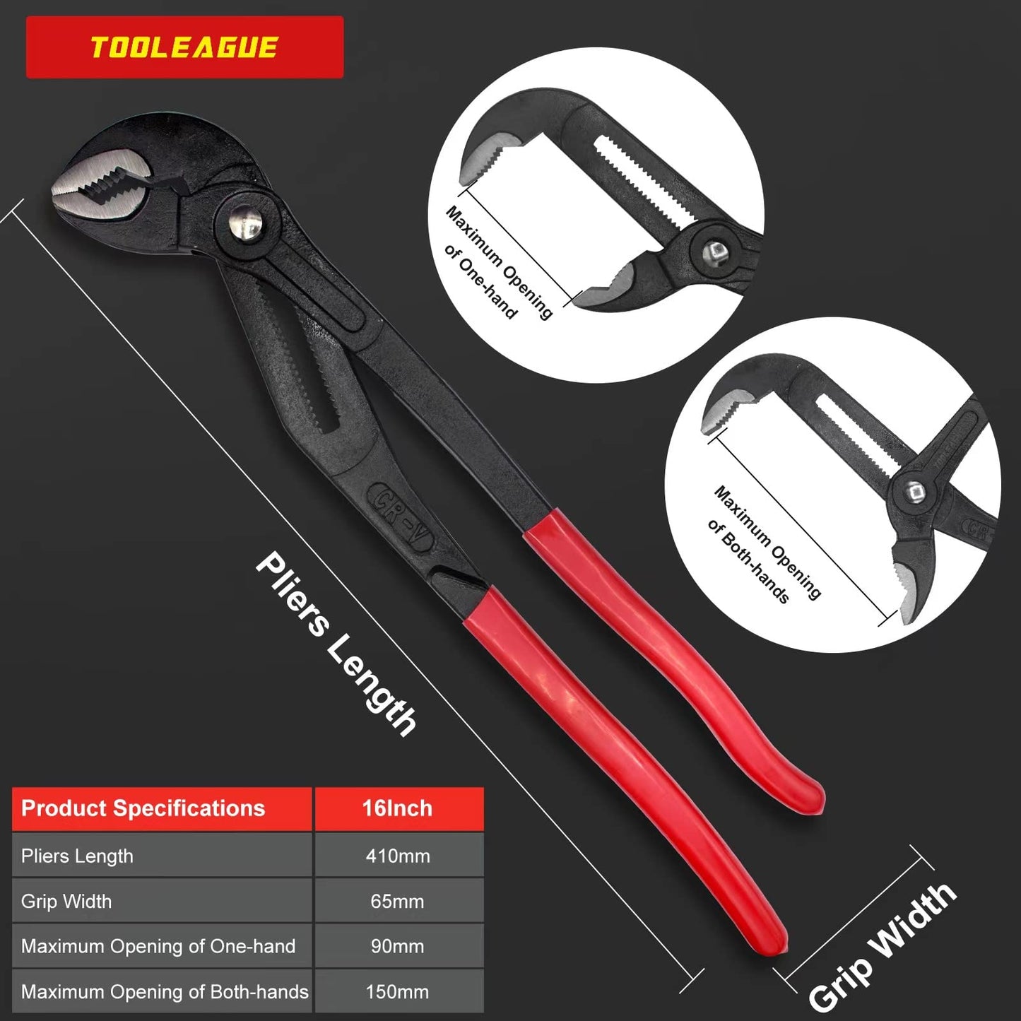 TOOLEAGUE Heavy Duty Water Pump Pliers, Large Plumbing Tool, 16-inch Groove Slip Joint Set, Push Button Quick Adjustable Pliers