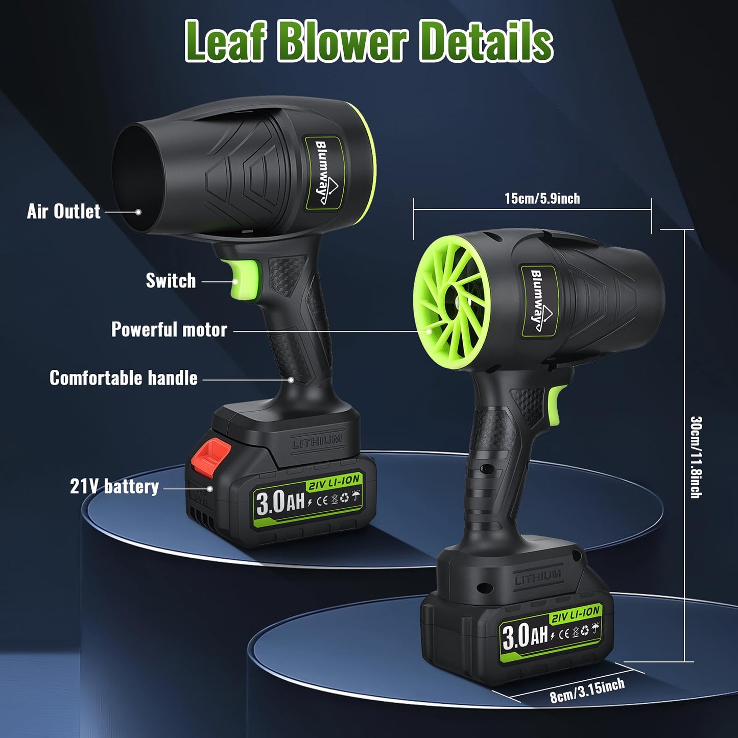 Blumway Leaf Blower Cordless with Battery, Handheld Leaf Blower, Electric Cordless Leaf Blowers with 2 Pcs 3.0Ah Batteries and Charger for Lawn Care, Patio, Leaves, Dust, Car