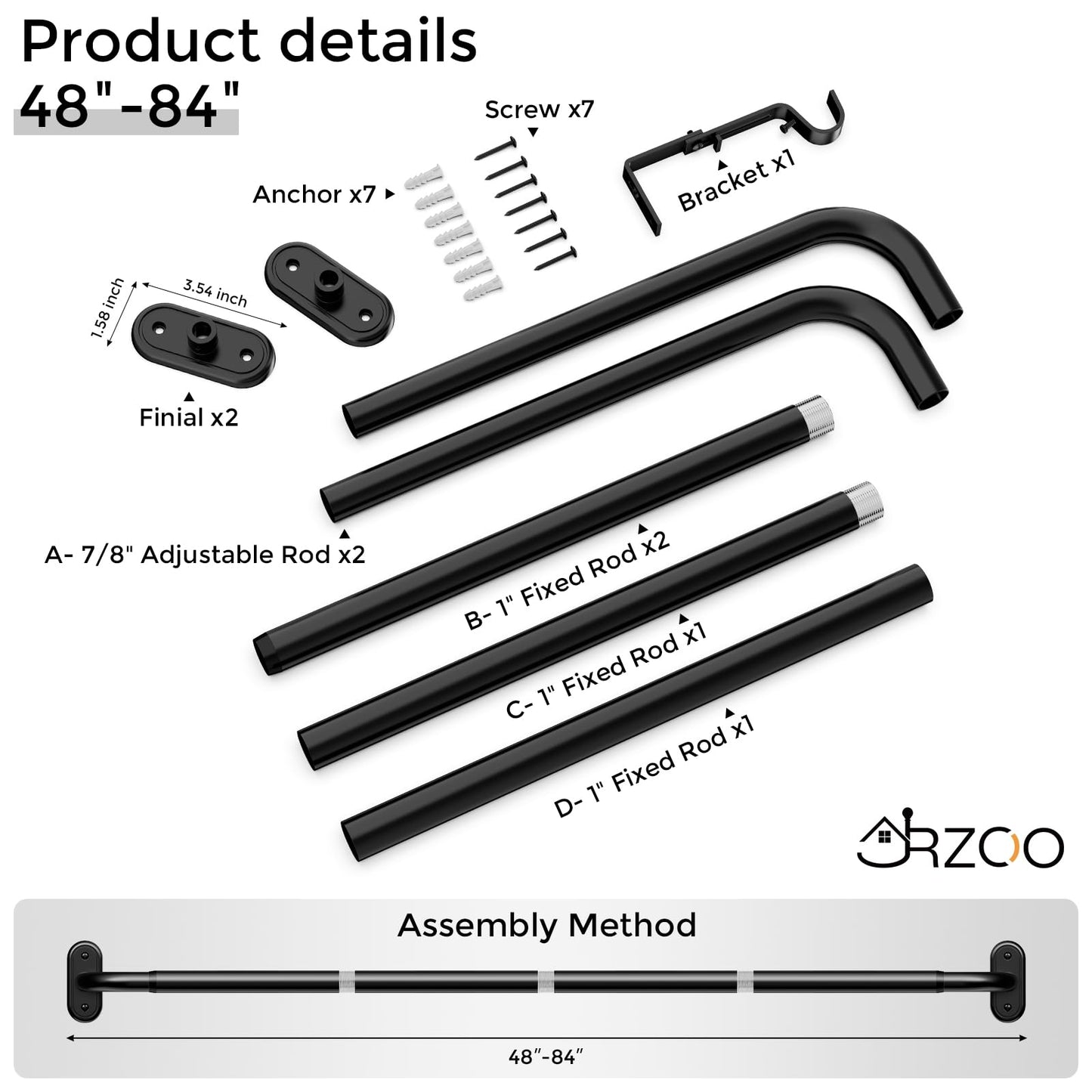 JRZOO Wrap Around Curtain Rods Black, Blackout Heavy Duty Curtain Pole for Windows 48 to 84 Inch, 1" Decorative Room Darkening Curved Modern Drapery Rod (Matte Black/Unique Design/All Matel)