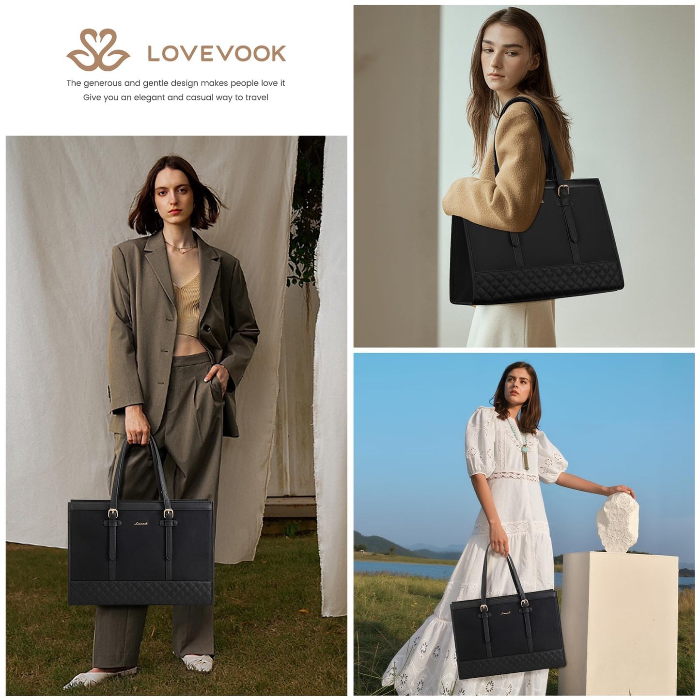 LOVEVOOK Laptop Bag for Women 15.6 inch Canvas Laptop Tote Bag, Large Capacity Work Bag with Clutch Purse, Computer Bag Office Business Briefcase, Casual Handbag for Travel College Teacher School