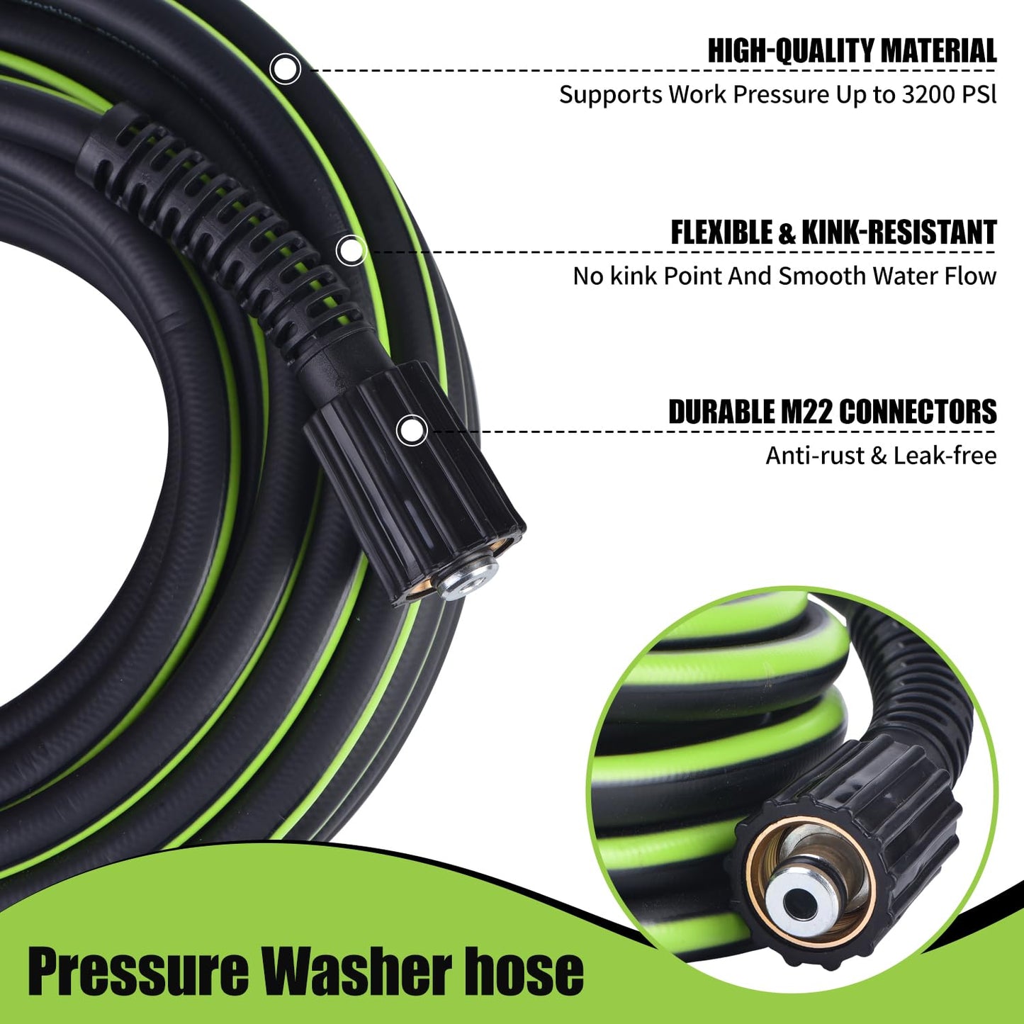 Pressure Washer Hose 1/4" × 50FT - 3200 PSI Heavy Duty Power Washer Replacement with M22-14mm Brass Fittings Kink-Resistant Flexible Water Hose for Electric & Gas Washers
