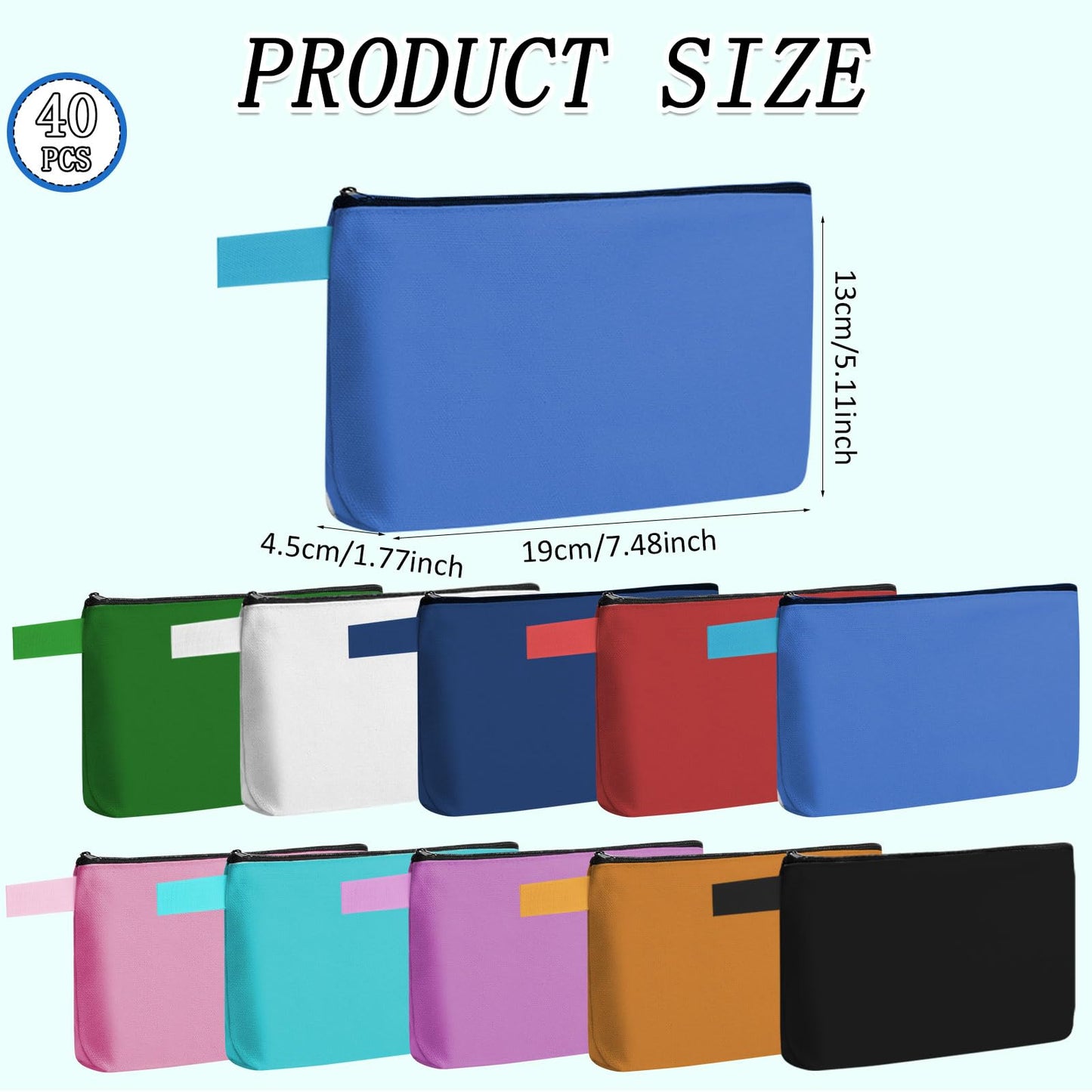40 Pcs Canvas Makeup Bags Travel Cosmetic Pouch with Zipper Portable Multi Purpose Blank Small Traveling Zippered Organizer for Women Purse Toiletry Pencil Bag,10 Colors,7.4 x 5.1 x 1.7 Inch