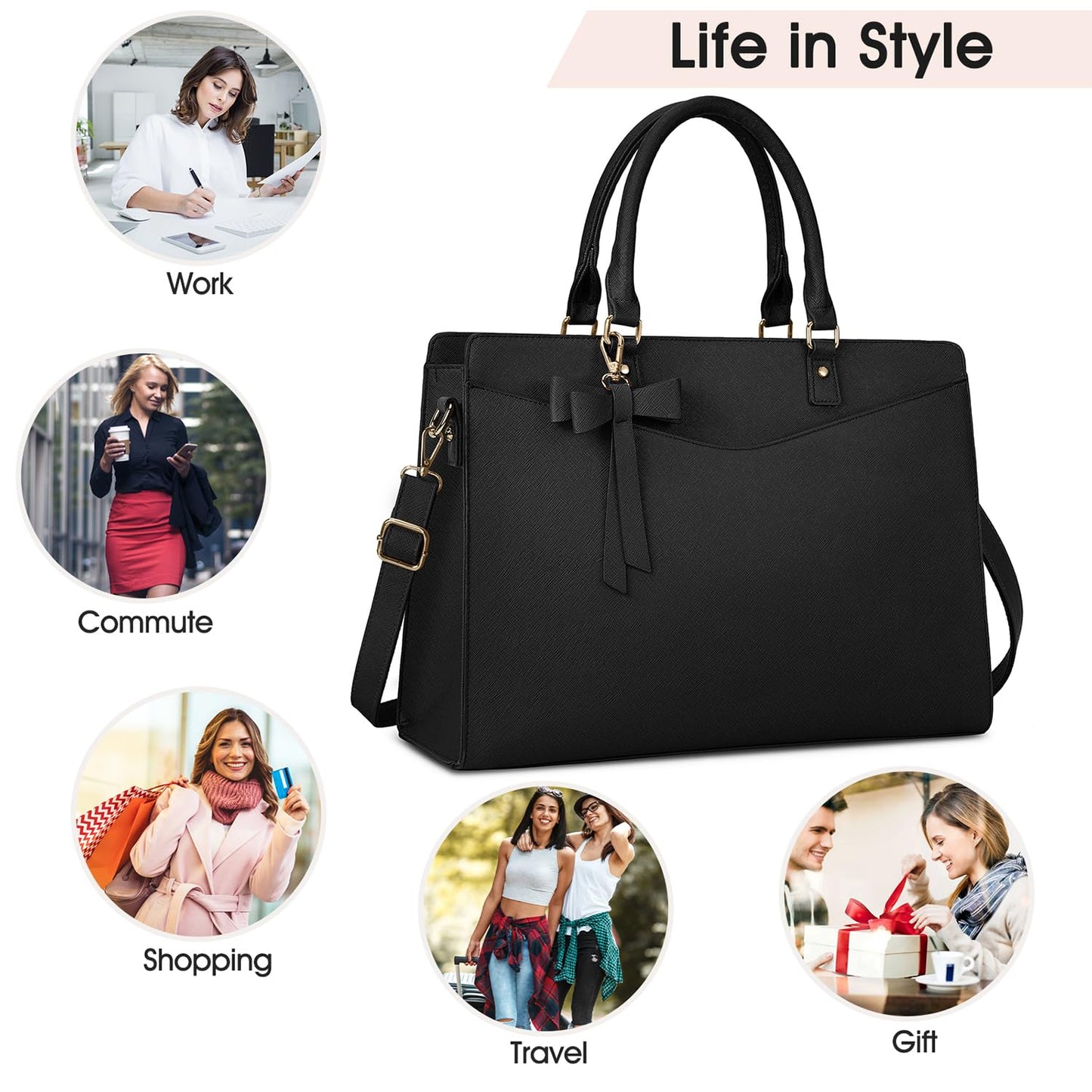 Laptop Bags for Women 15.6 inch Laptop Tote Bag PU Leather Large Work Tote Bag Waterproof Professional Business Office Work Bag Laptop Briefcase Women Travel Handbag Shoulder Bag, Black