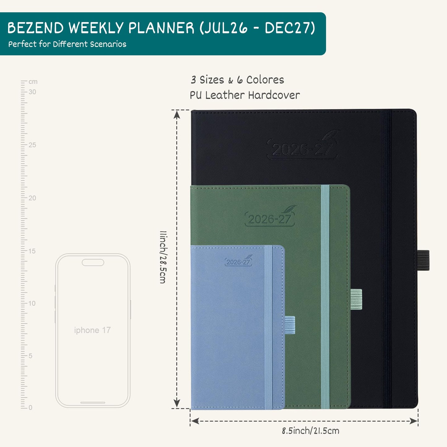 BEZEND Weekly Planner 2026-2027 (8.5" x 11") & Horizontal Layout Notebook (Jul 26-Dec 27) 18 Months Academic Agenda & Monthly Tabs, Ideal for Students, Work & Home, PU Leather Hardcover -Black