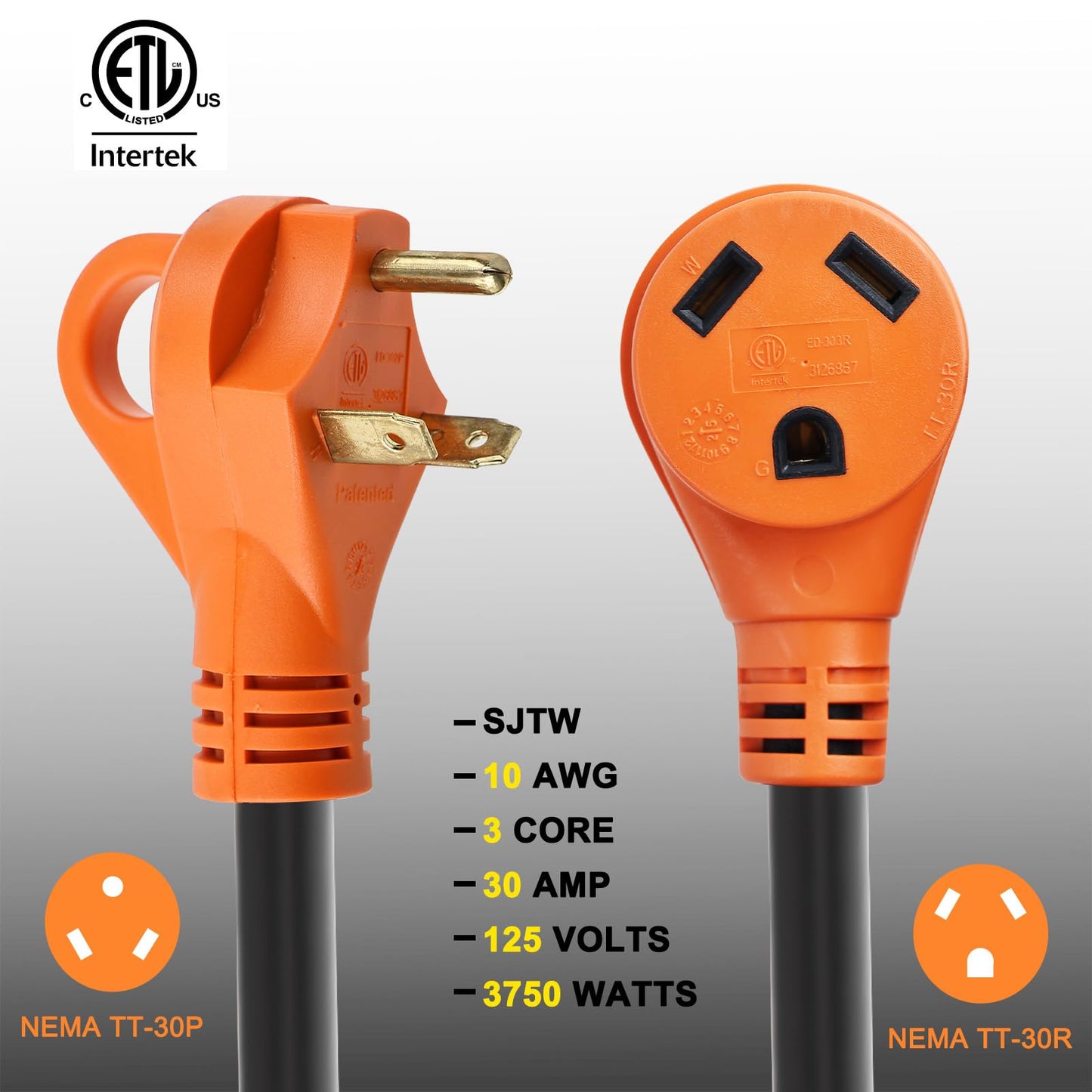 Finderomend 30 Amp RV Extension Cord 3 Wire,RV Power Cord NEMA TT-30P to TT-30R Heavy Duty 125V 3750W Extension Cord,10/3 STW 10AWG Gauge for RV Trailer Campers-with Cord Organizer(30ft)