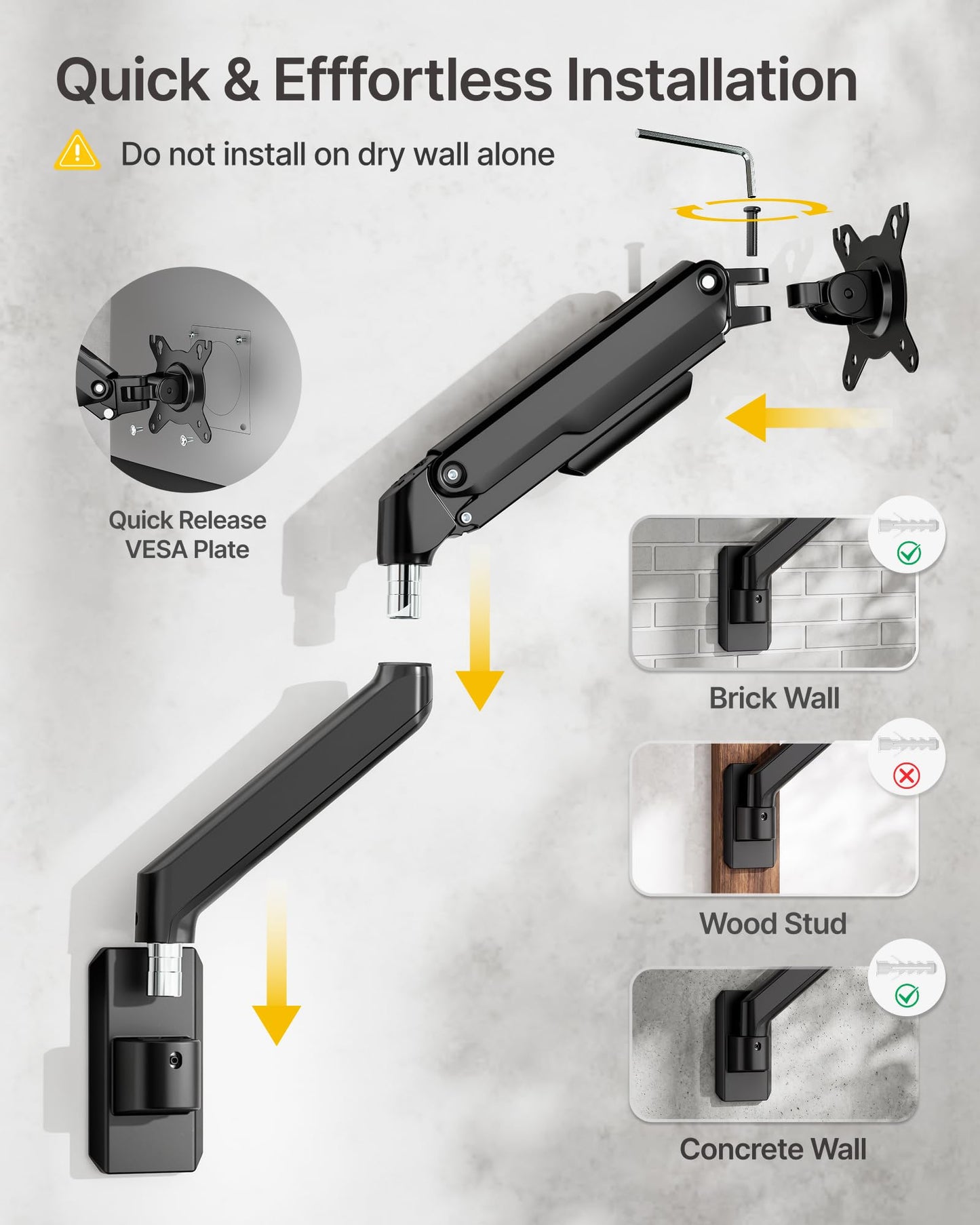 monTEK Single Monitor Wall Mount, Heavy-Duty Adjustable Mount for 17″–32″,Full Motions Arm Mechanical Spring Holds Up to 20lbs, VESA 75x75/100x100,Black