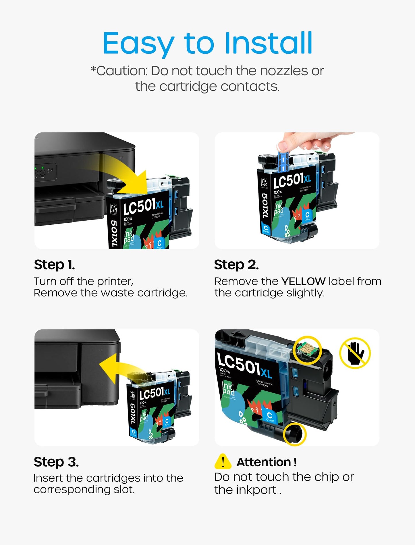 Compatible with LC501XL High Yield Ink Cartridges Compatible for Brother LC501 XL Work for Brother MFC-J1360DW, MFC-J1410DW, MFC-J1260DW Printer (4 Pack, Black Cyan Magenta Yellow)