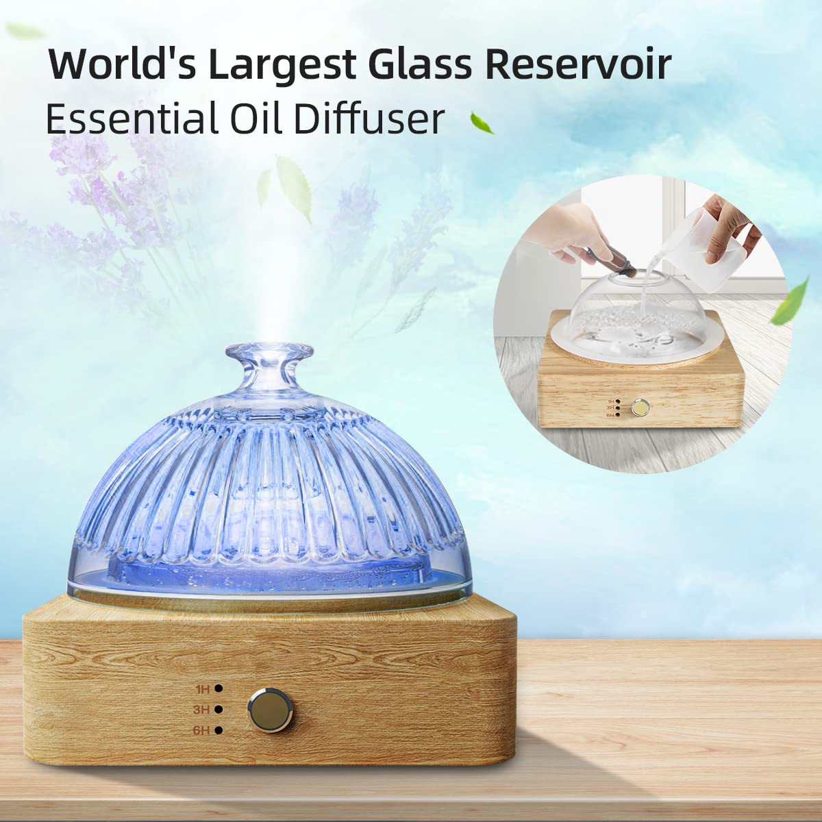 SOICARE Crystal Glass Essential Oil Diffuser, 200ml Glass Reservoir Diffuser for Essential Oils with Wood Base, Plastic-Free Aroma Diffuser for Home Office Yoga Pilates Gift (7 Color Changing Lights)