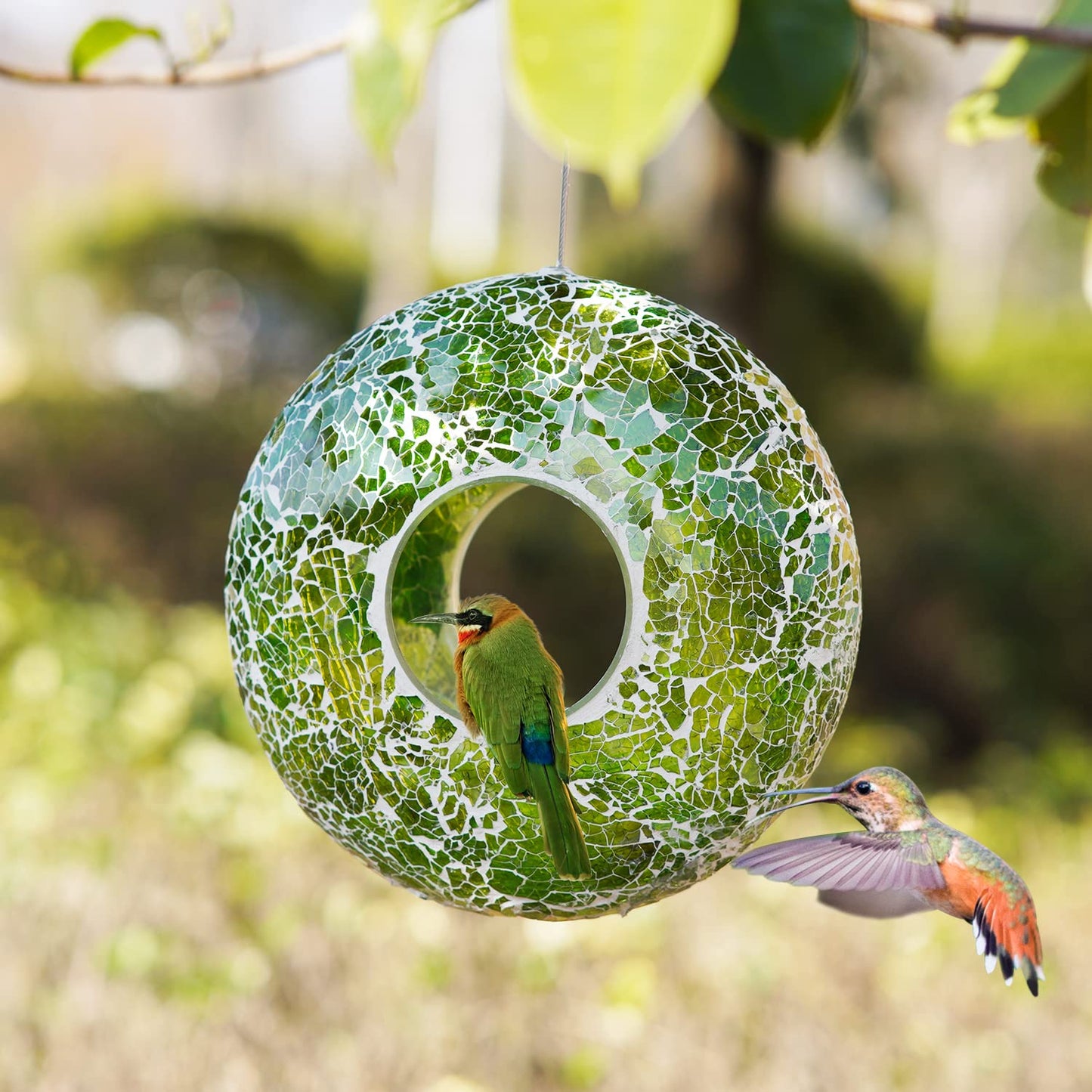 DUSVALLY Mosaic Hanging Bird Feeder - Circular Outdoor Garden Decor, Fly Through Wild Bird Feeders with Mosaic Glass Design, for Yard, Backyard, Deck and Porch, Green Accents