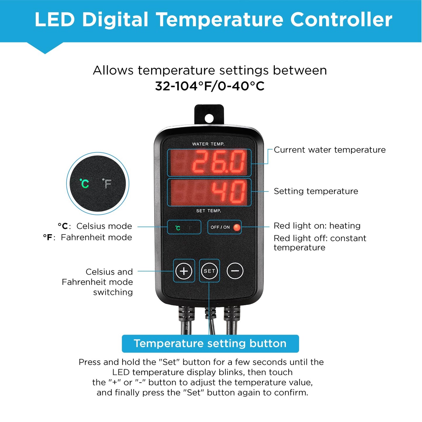 Titanium Aquarium Heater 800W, Submersible Fish Tank Heater with Digital Display Temperature Controller, 0℃-40℃ Adjustable, Fast Heating for 100~150 Gal Saltwater Freshwater Fish Tank, MX-9015(800W)