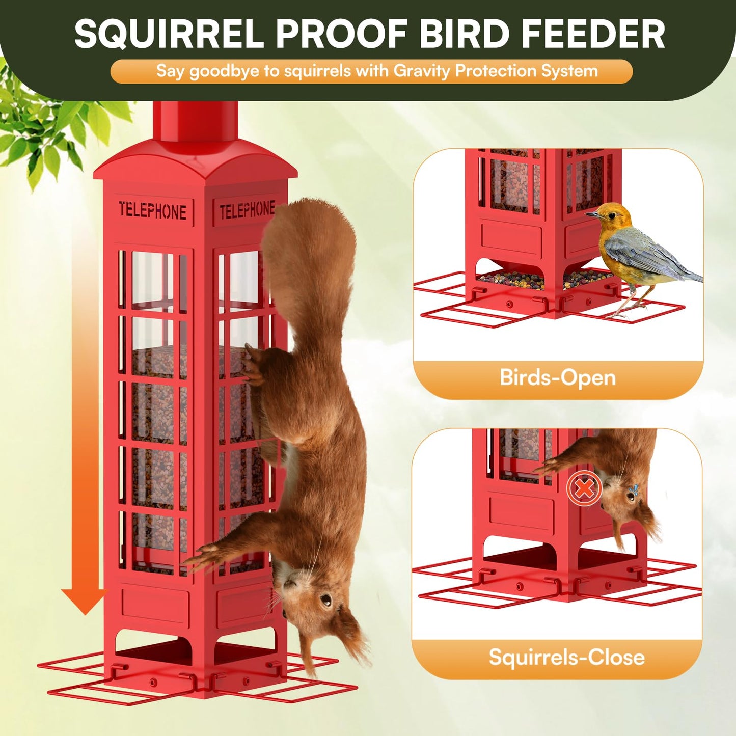 Squirrel Proof Bird Feeder, Metal Bird Feeders for Outdoors Hanging, 3LB Capacity, Gravity Protection Squirrel-Proof Heavy Duty Wild Birdfeeder for Finch Cardinal Chickadee (Red)