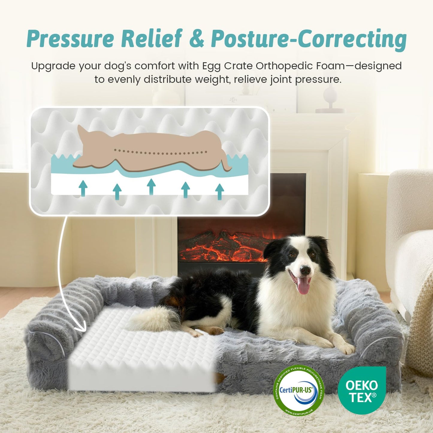 COZY KISS Faux Fur Orthopedic Dog Bed, Large Dog Bed, Pet Sofa with Removable Leak-Proof Cover, Washable U-Shaped Pet Couch with Anti-Slip Bottom, Grey XL 42x30x7 inch