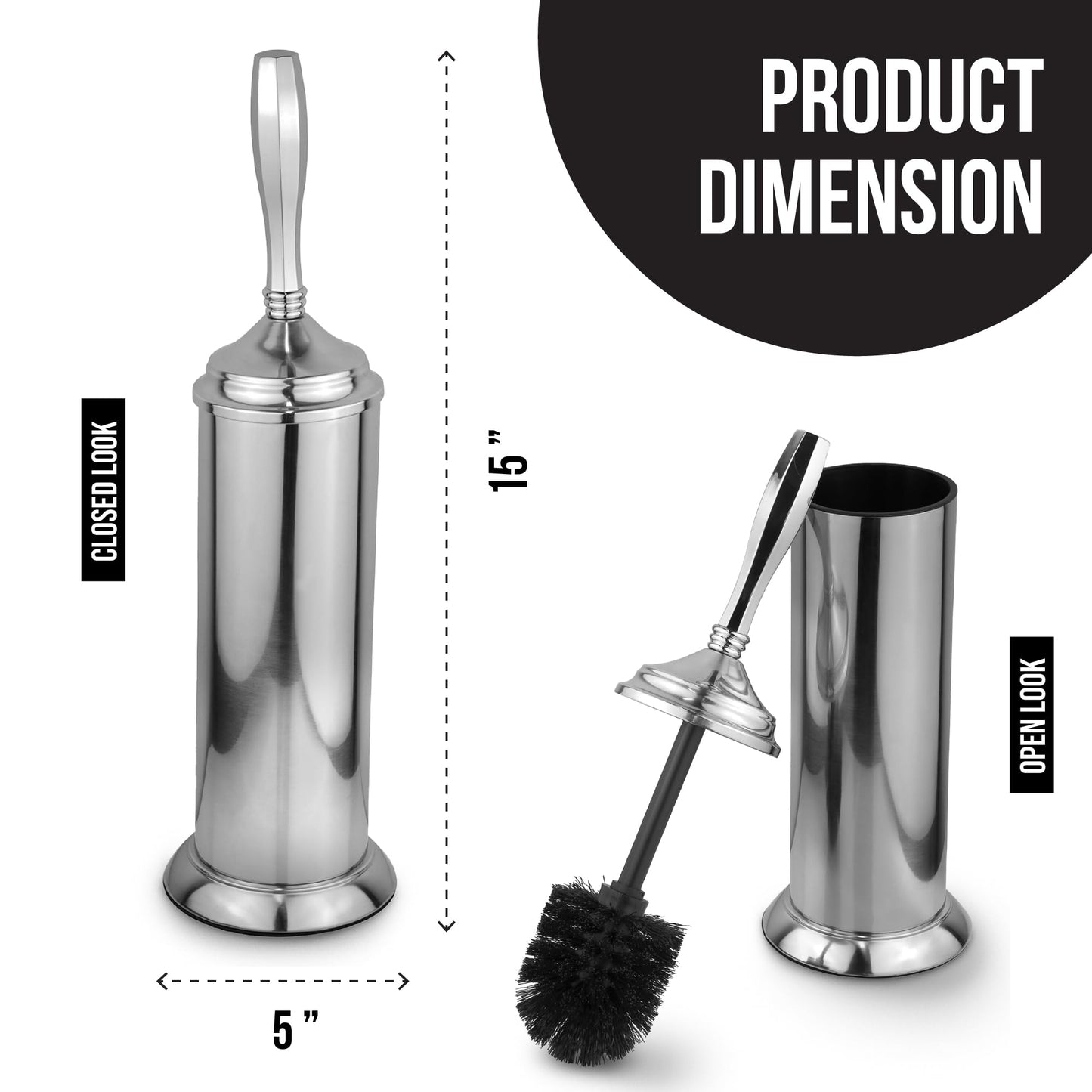 Splash Home Kolva Stainless Steel Toilet Brush and Holder Set Bathroom, Hidden Toilet Bowl Brush Design with Durable Bristles for Deep Cleaning 5 x 5 x 15 inch - Chrome