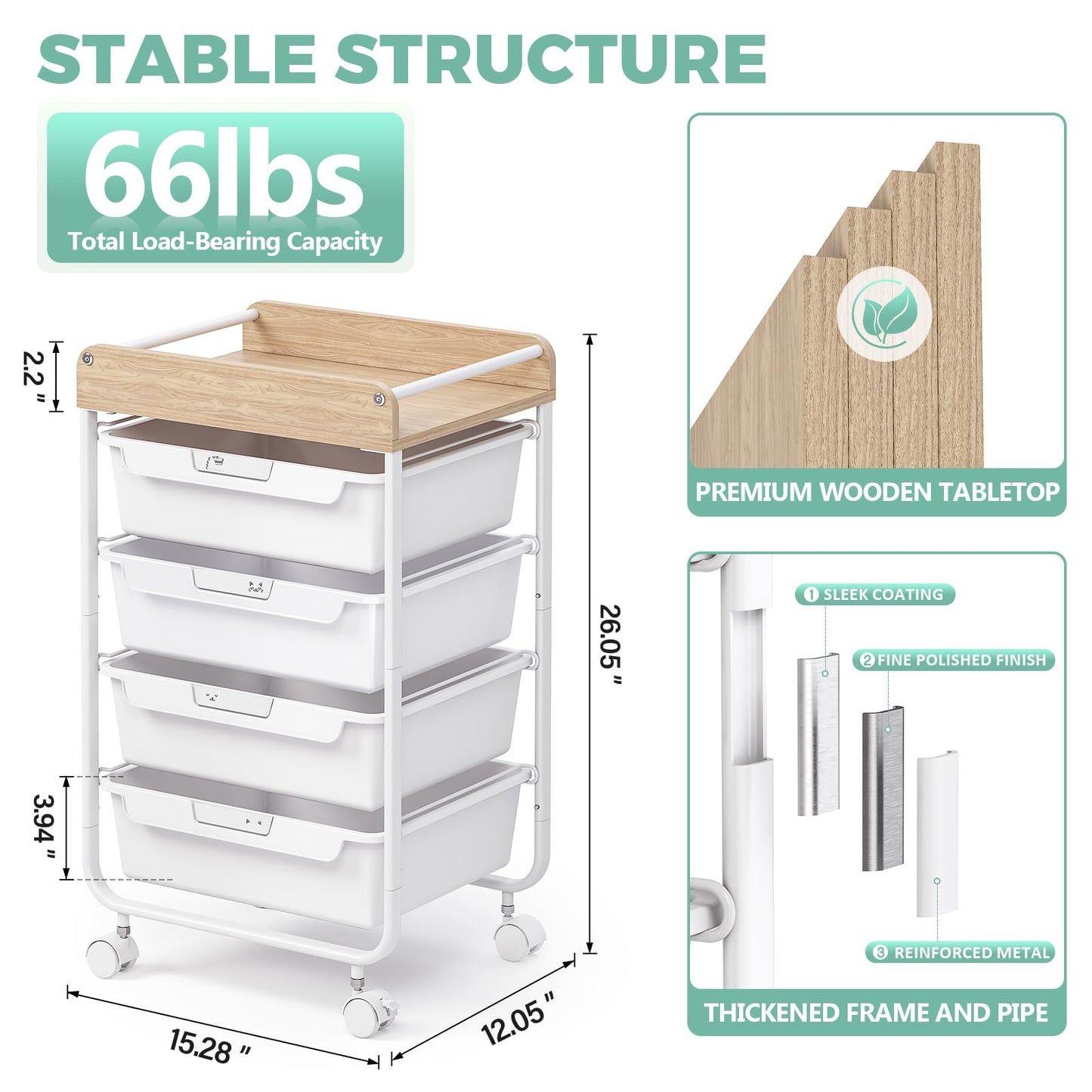 SYKIARIOL 4 Drawer Rolling Utility Cart with Wooden Top and Handle, Craft Storage Cart with Lockable Wheels, Multi-Purpose Organizer Drawer Cart for Home Office Bedroom Classroom,White