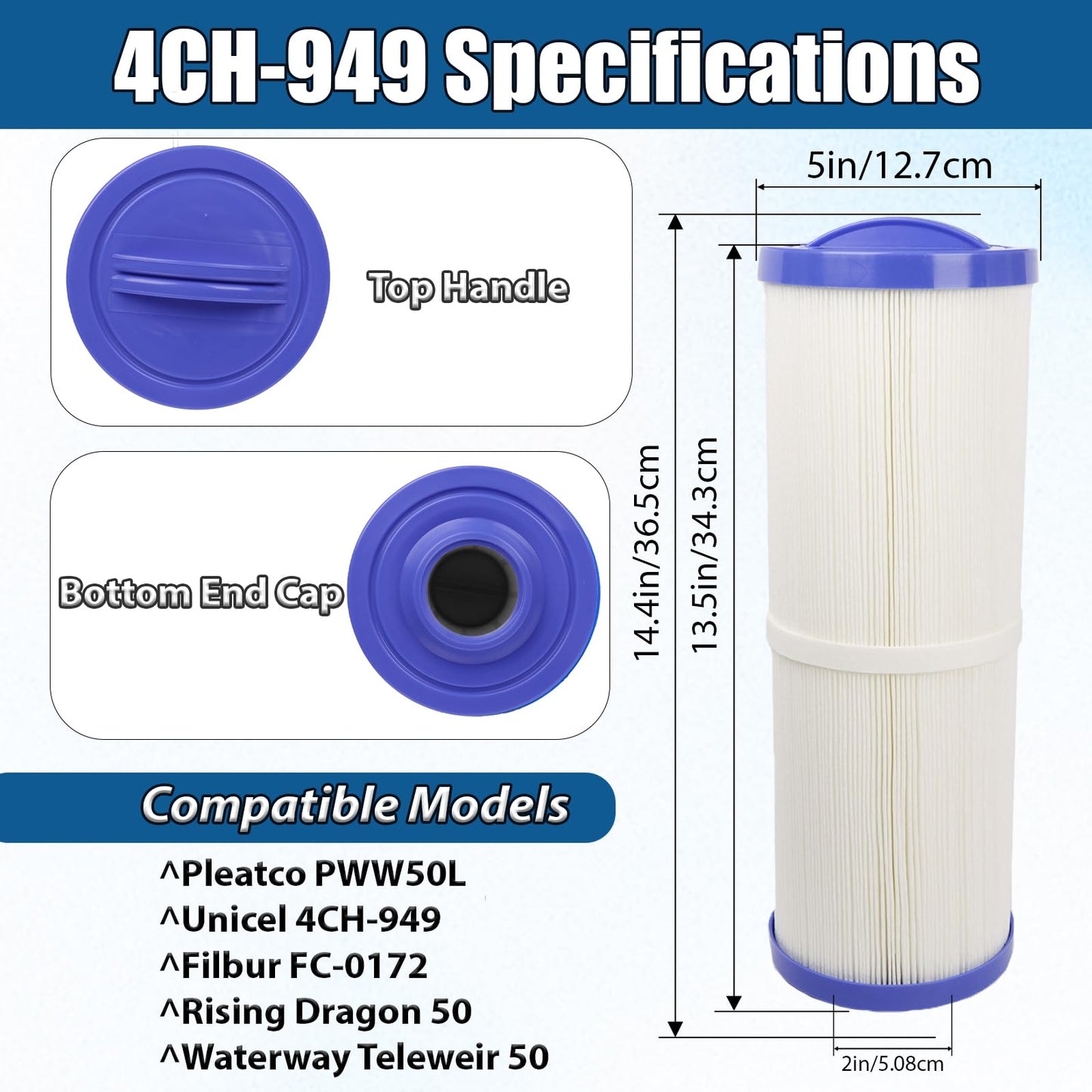 2 Pack 4CH-949 Spa Filter Cartridge Compatible with Pleatco PWW50L, Filbur FC-0172, SD-01143, 817-4050,Rising Dragon 50, Waterway Teleweir 50, hot tubs Filter Cartridge