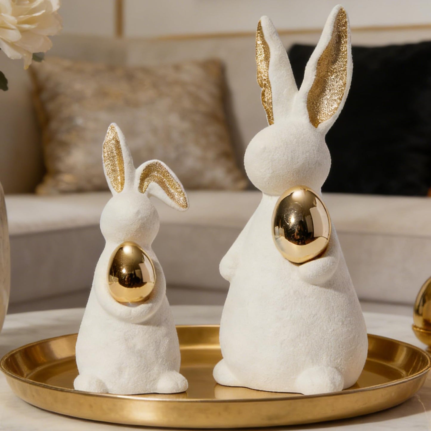 DN DECONATION Easter Decoration Bunny Decor - Easter Spring White Rabbit Sculpture, Ceramic Statues with Gold Eggs for Modern Farmhouse Home Decor Tabletop Centerpiece Shelf Wedding Gifts