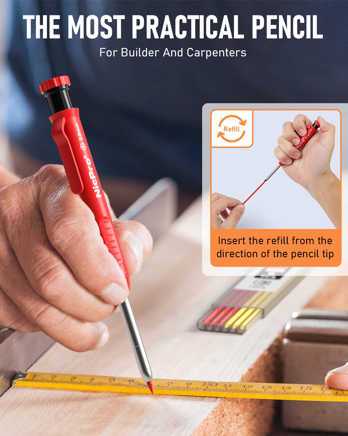 Nicpro 5 Pack Carpenter Pencil with Sharpener & Holders, Mechanical Carpenter Pencils Set with 53 Refills, Deep Hole Marker Woodworking Pencils, Heavy Duty Construction for Architect-With Case