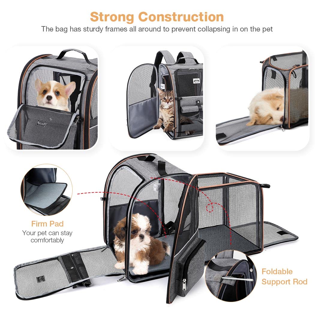 Lekespring Cat Bag, Expandable Cat Backpack Carrier for Small Dogs Medium Cats Fit Up to 18 Lbs, Dog Backpack Carrier, Foldable Pet Backpack Carrier for Travel, Hiking, Outdoor Use (Grey)