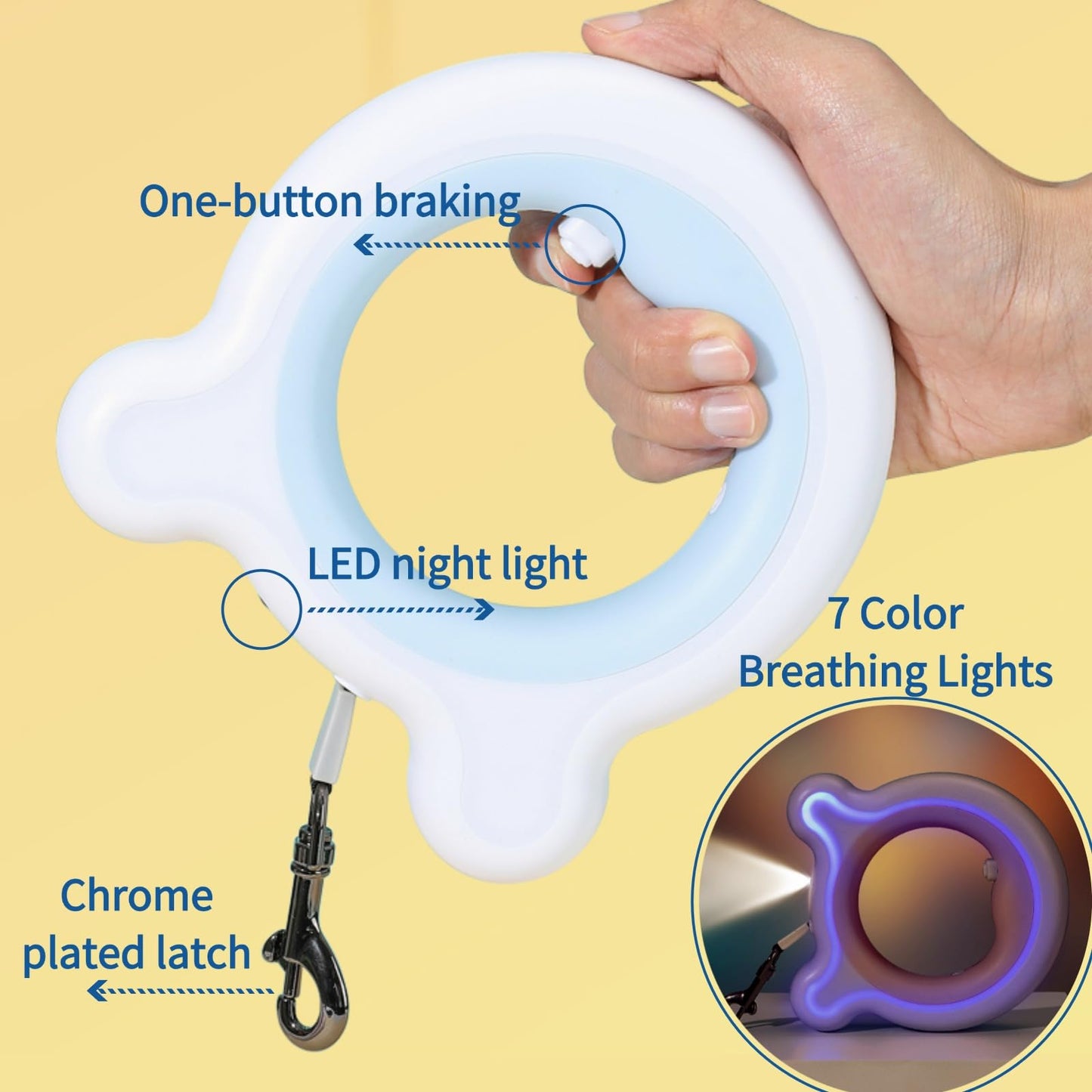 9.84ft/3M Retractable Dog Leash, Nylon Reflective Rope, One-Touch Brake for Anti-Dog Flushing, Night Light, LED Breathing Light, with Poop Bag, for Dogs Weighing up to 66 lbs