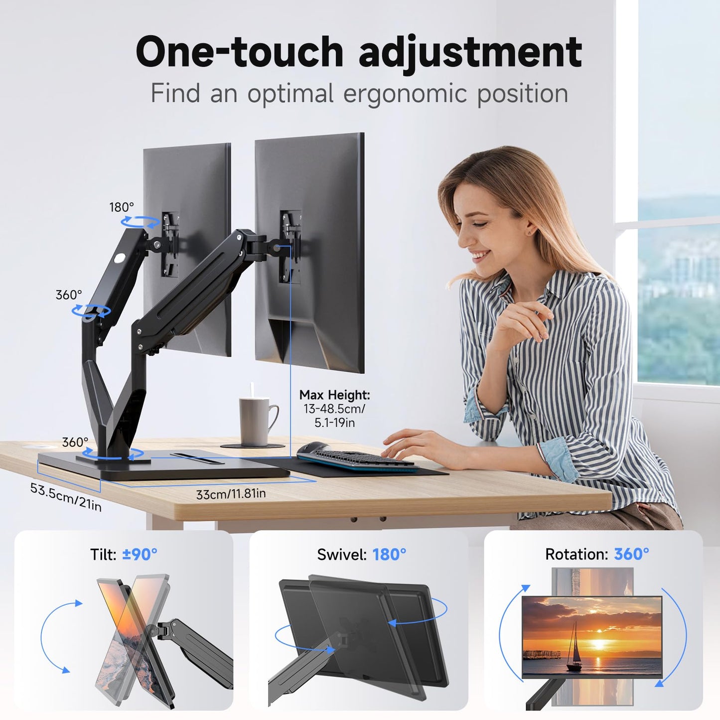 suptek Dual Monitor Mount Gas Spring Monitor Arm Desk Stand with Base,Free Standing Pneumatic Height Adjustable Monitor Stand for 17 to 34 inch,Holds up to 24.25 lbs,Black(ML8SPC)