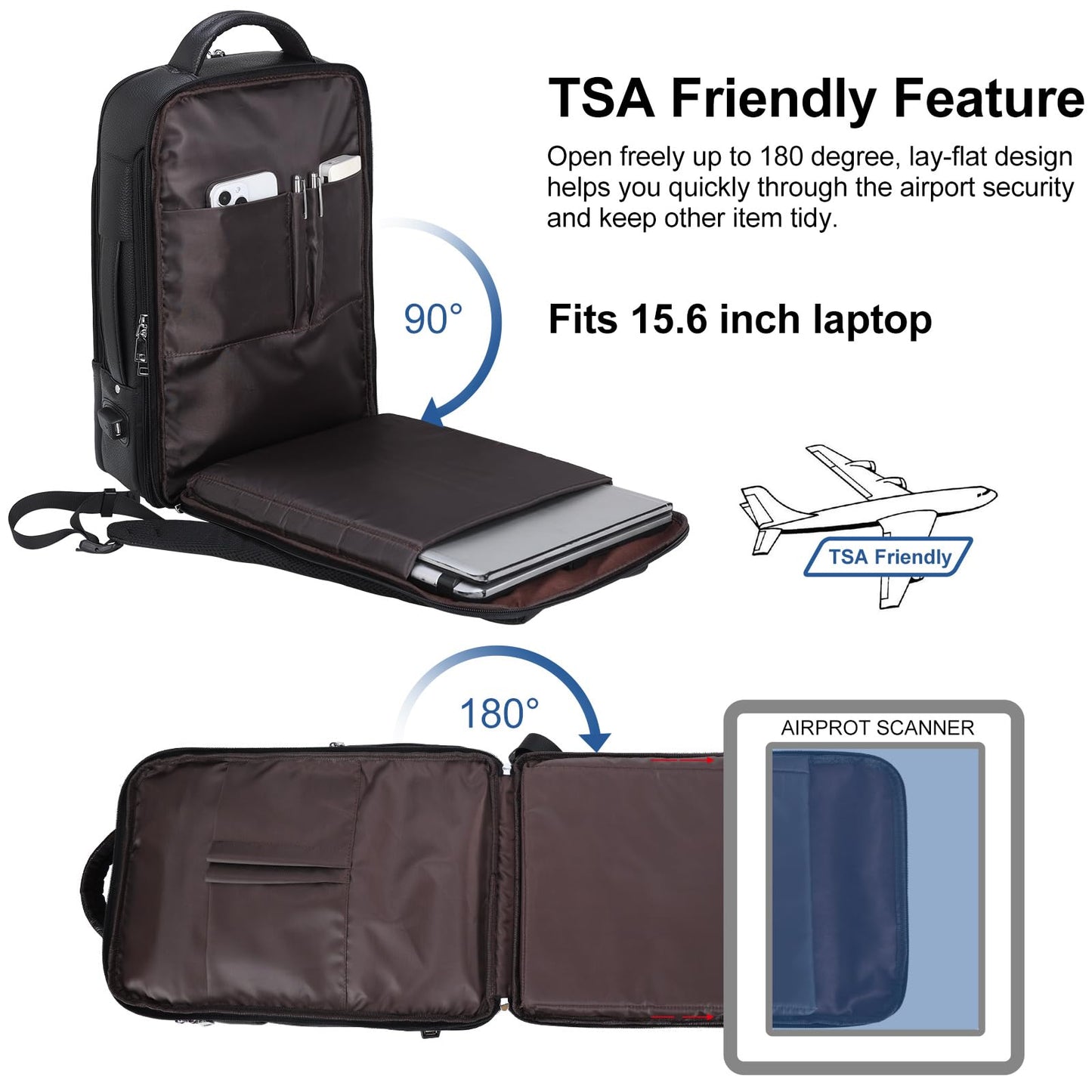 TIDING Men's Genuine Leather Expandable Backpack 15.6 Inch Laptop Bag Slim Work Business Daypack with USB Charging Port