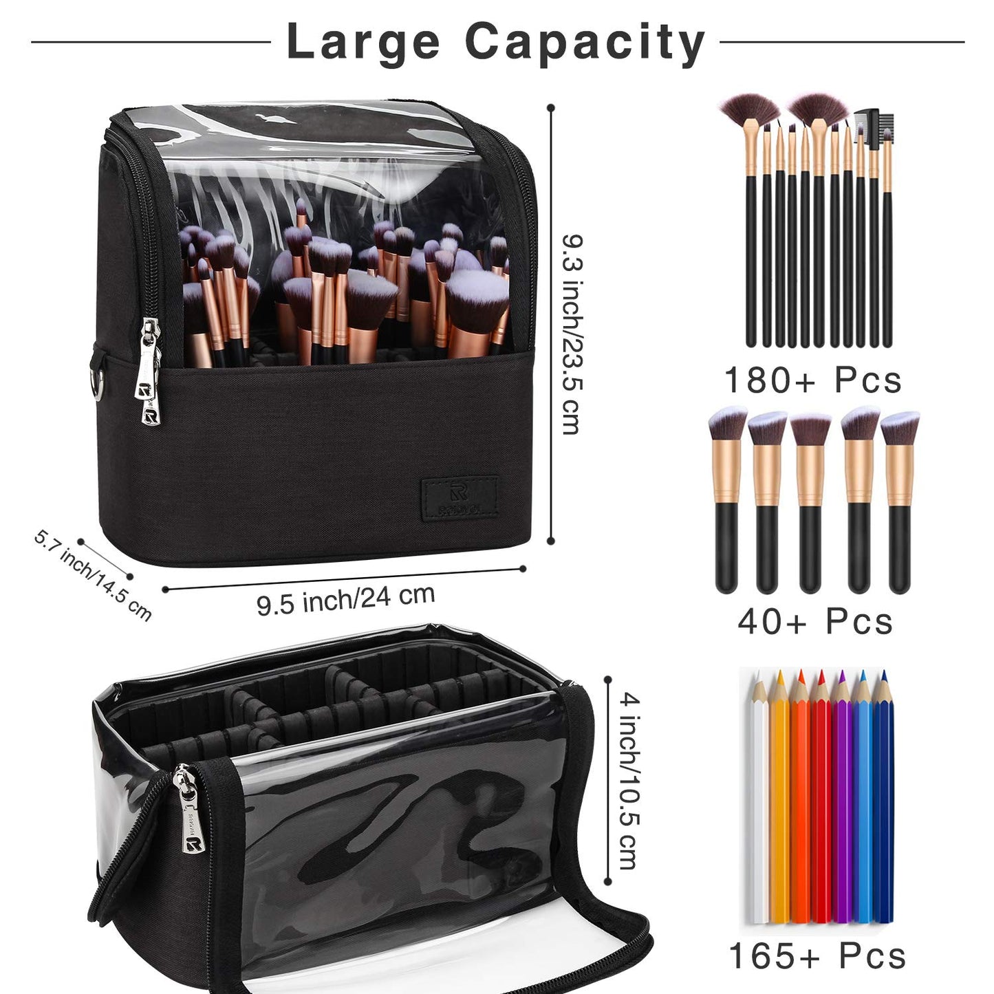 Relavel Travel Cosmetic Bag, Stand-up Makeup Brush Bag with Adjustable Divider, Professional Makeup Artist Storage Case, Large Capacity Train Case Organizer for Women and Girls, Black