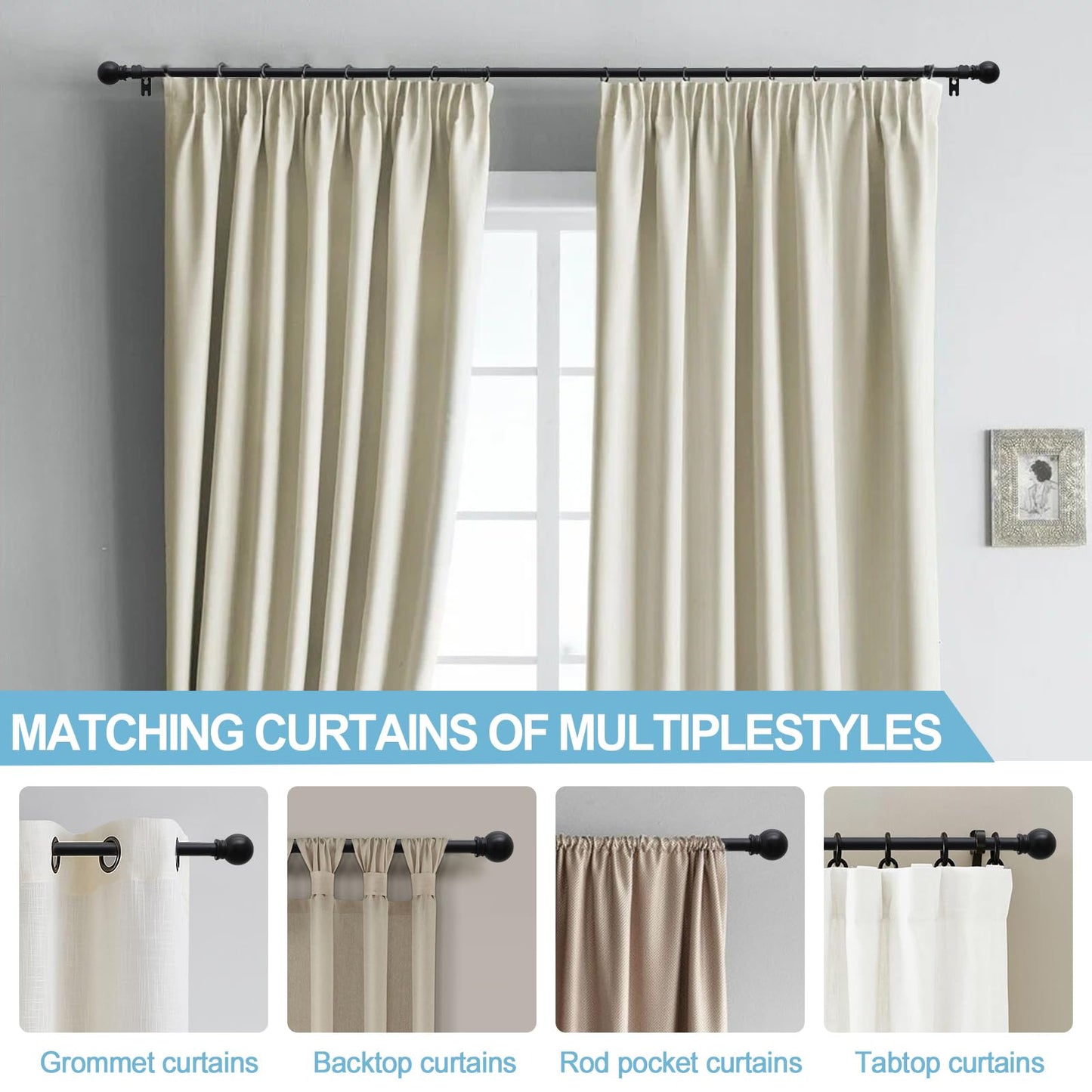 2 Pack Curtain Rods for Windows 28 to 81 Inch, 5/8 Inch Extra Long Matte Black Curtain Rod with Brackets(size:2.3-6.7 Feet)