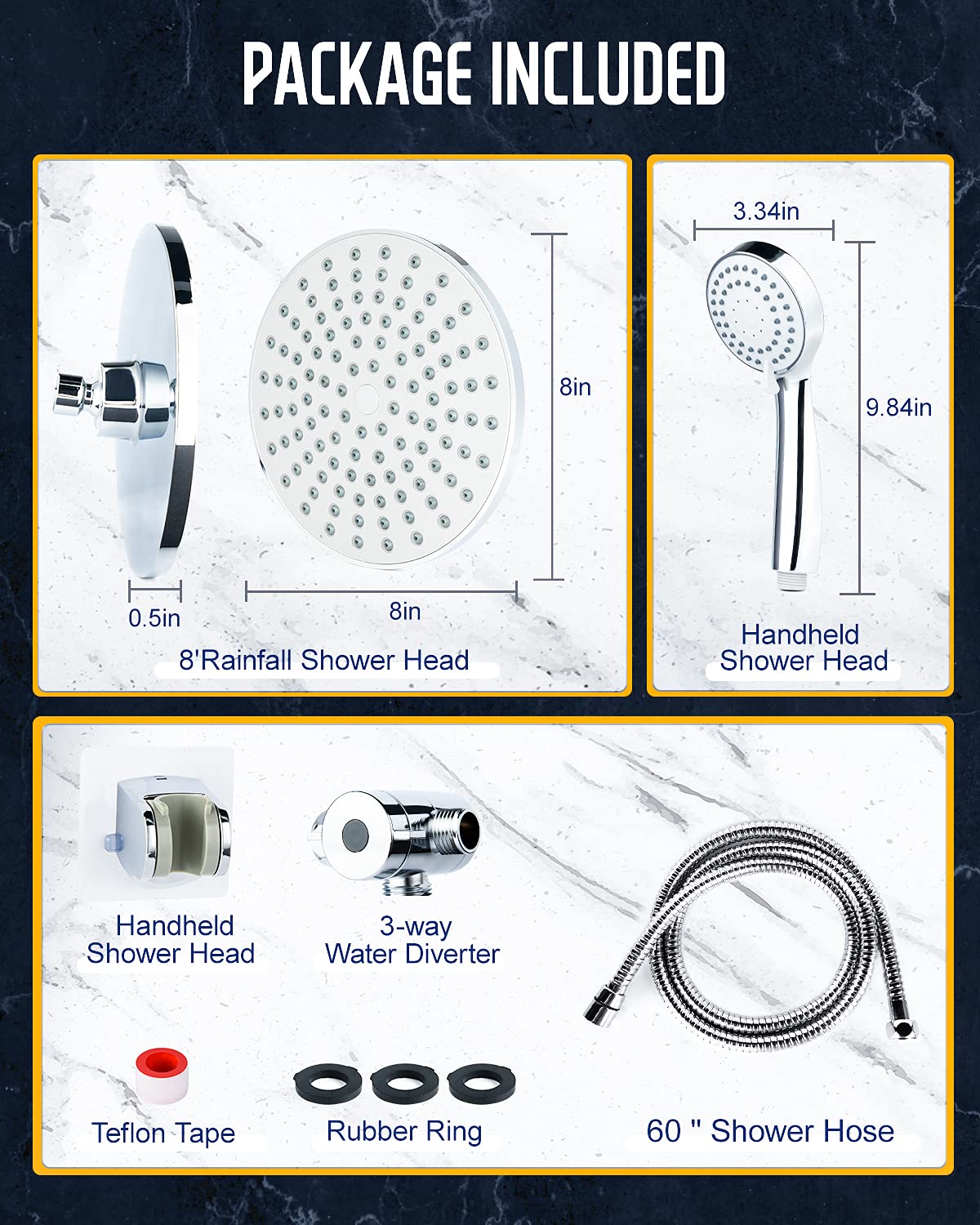 High Pressure 8" Rainfall Shower Head and Handheld Shower Heads Combo, with 60" Hose, Punch-Free, Dual Powerful Shower Spray Detachable with Holder, Chrome, Regulator fit for High, Low Water Flow