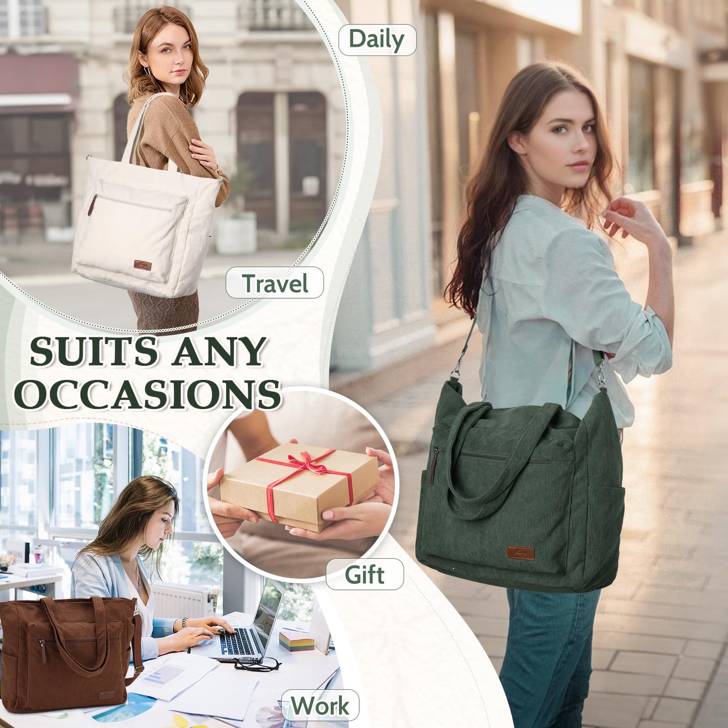 Kasqo Corduroy Tote Bag for Women, Extra Large Zippered Crossbody Shoulder Purse with 15.6" Laptop Compartment for Work Travel School College, Army Green