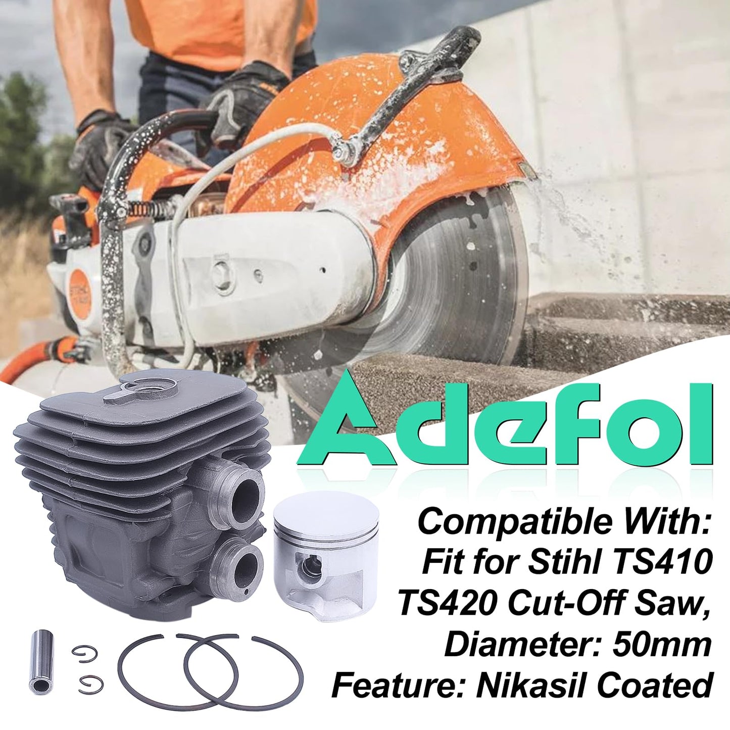 Adefol 50mm Cylinder Piston Gasket Kit for Stihl TS410 TS420 TS 410 420 Cut-Off Saw, TS410 TS420 Cylinder Piston Kit with Oil Seal Decompression Valve Spark Plug Gasket Part # 4238 020 1202