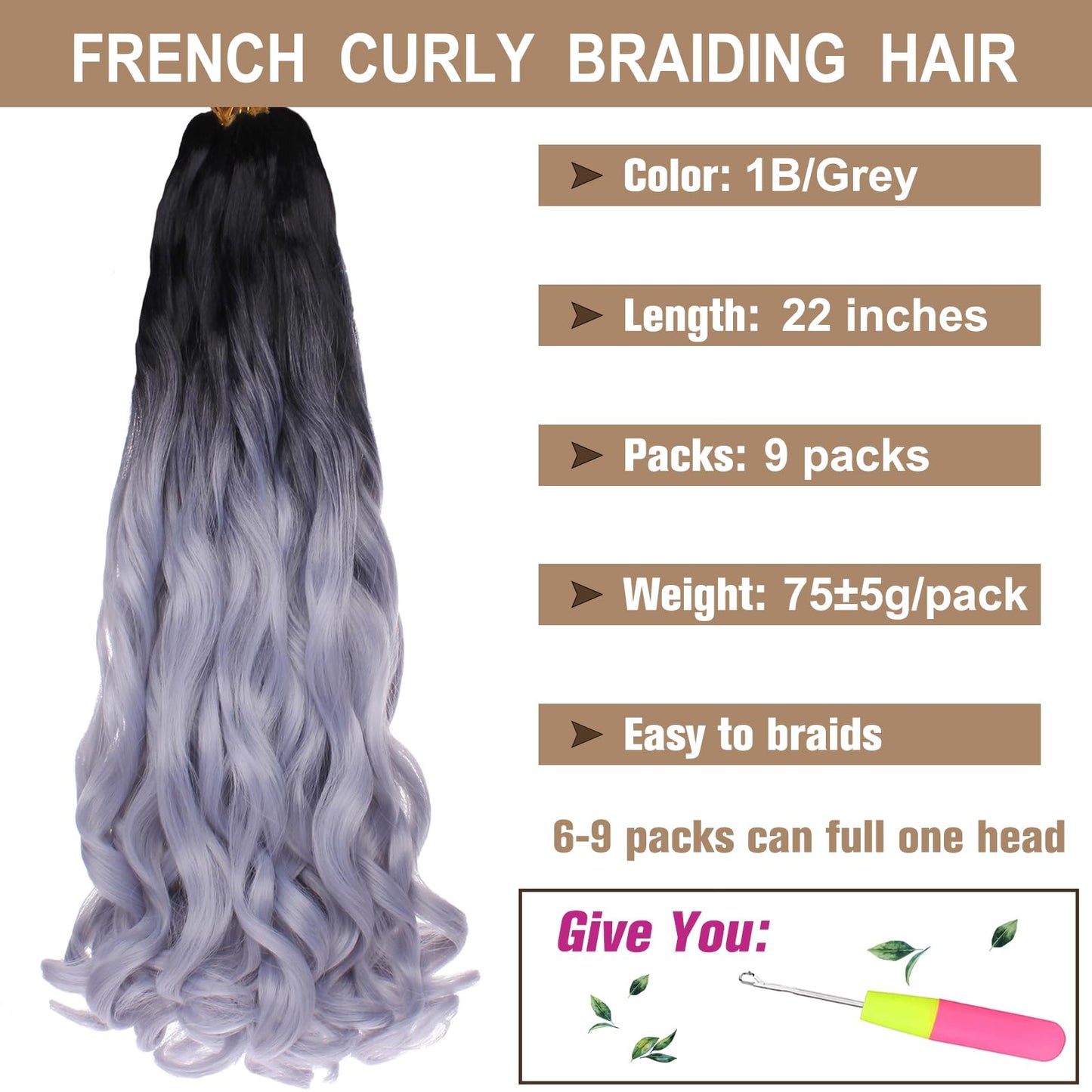 COOKOO 9 Packs 22 Inch Pre-stretched French Curls Braiding Hair Spanish Curly Braids Hair Wavy Crochet Braids Hair Loose Wavy Crochet Hair Extention for Goddess Box Braids 1B/Grey#