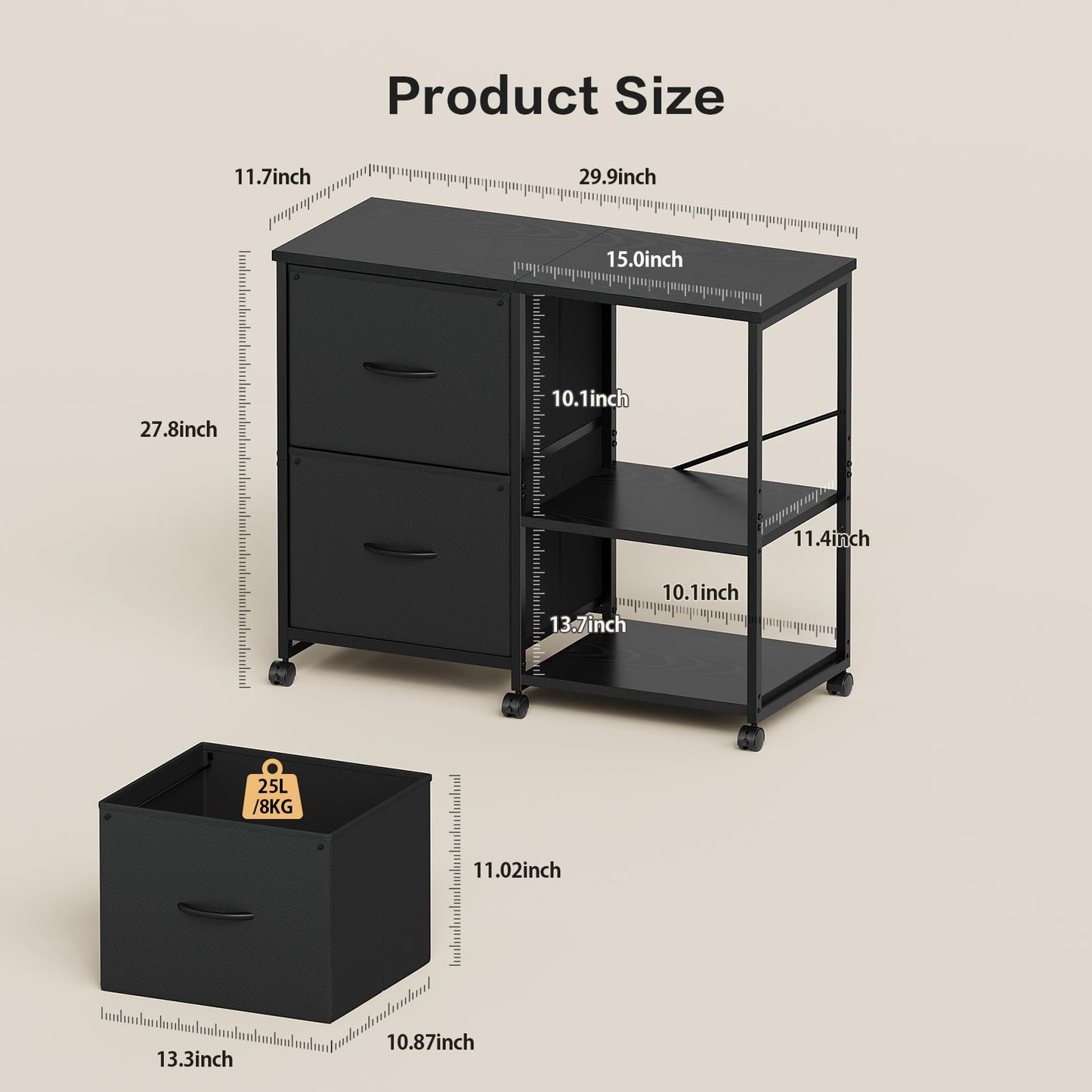 YeTom Fabric Lateral File Cabinet with Wheels, Rolling Printer Stand with Open Storage Shelf for Home Office, Black