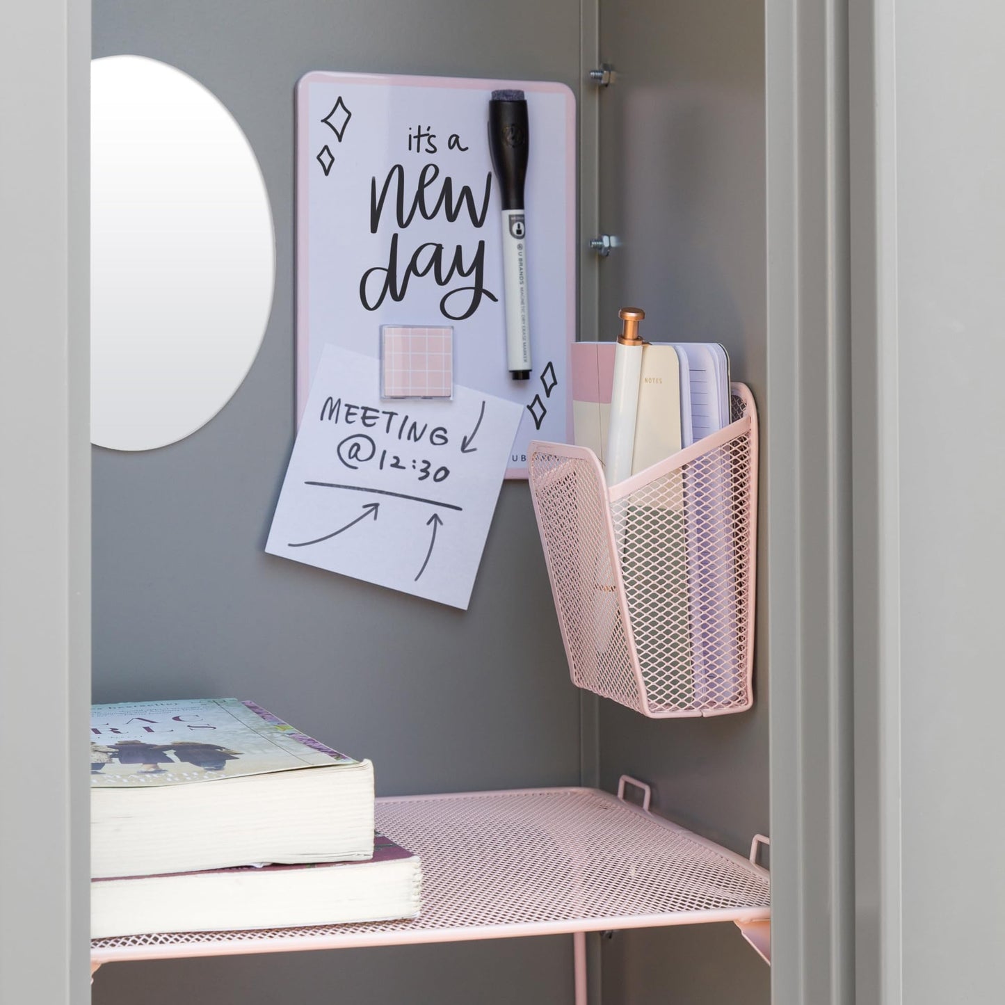 U Brands Locker Organizer and Decorating Kit, Back to School Essentials, Blush, 11-Piece, Includes Mirror, Shelf, Magnets, and Other Accessories