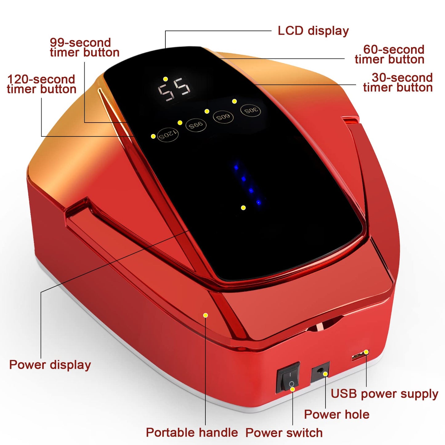 96w Cordless LED Nail Lamp with Portable Handle Professional Curing UV Lamp for Gel Nails Auto Infrared Sensor and 4 Timers (Red)