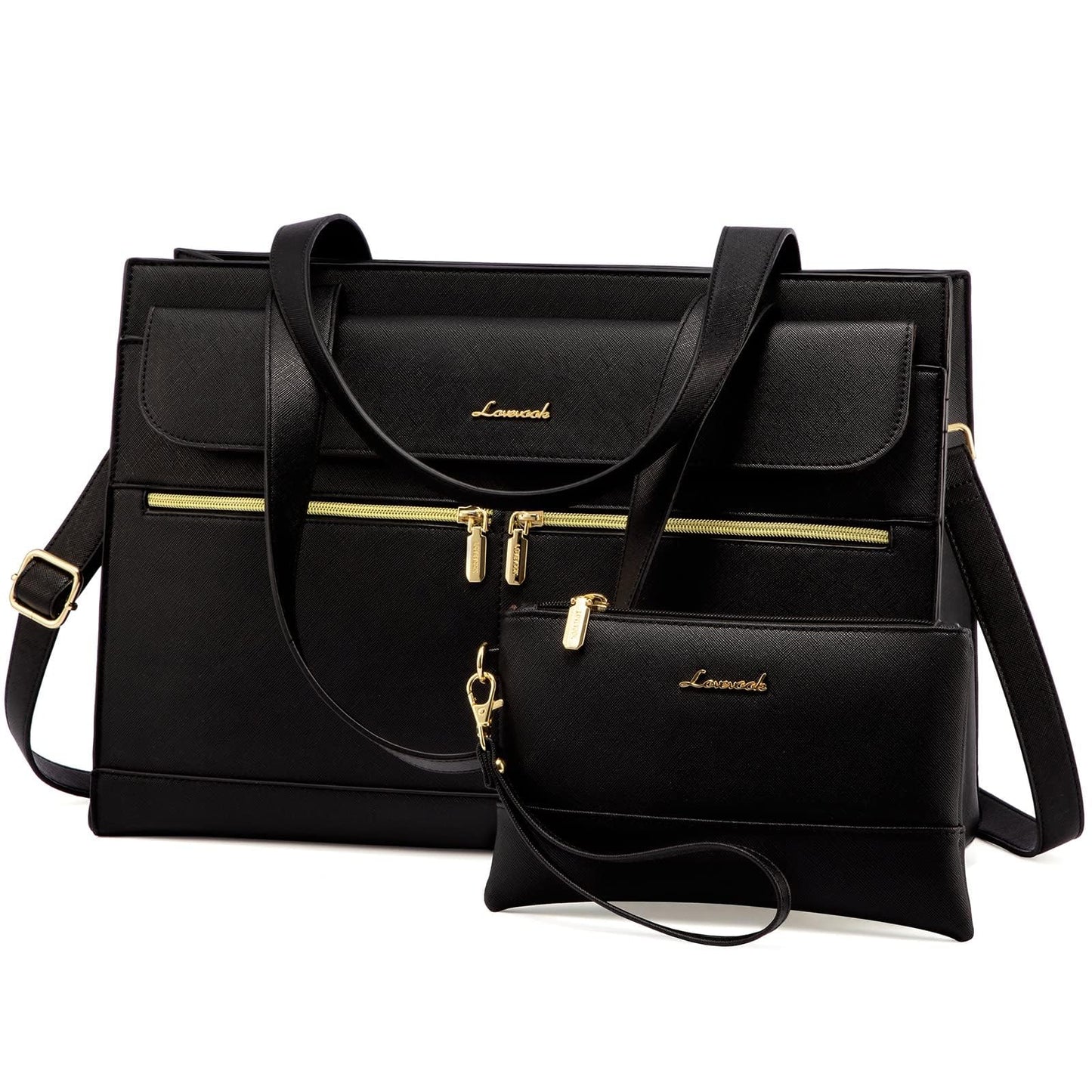LOVEVOOK Laptop Bag for Women Leather 15.6 Inch Laptop Tote Work Bag Professional Shoulder Bag Computer Briefcase Waterproof Handbag Business Teacher Office Bag Crossbody Purse, Black