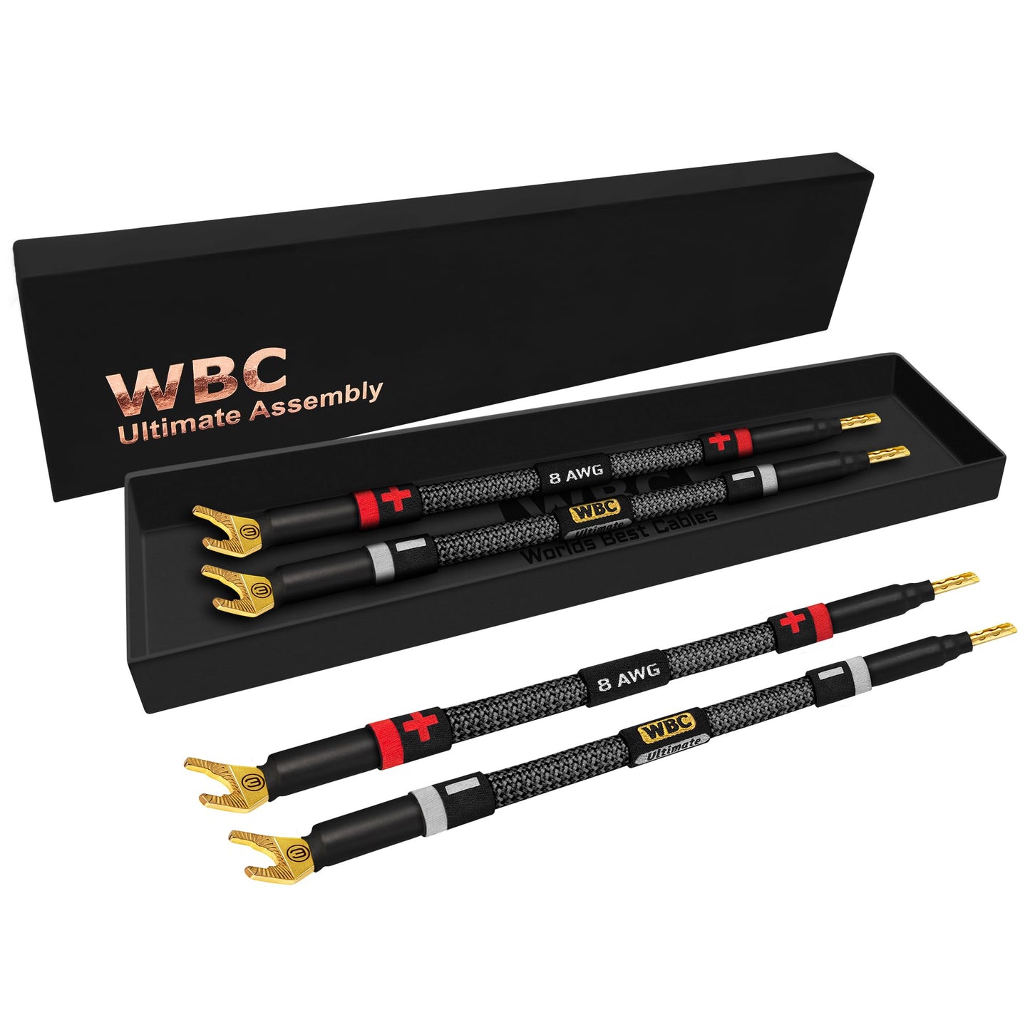 WORLDS BEST CABLES 4 Units - 6 Inch Ultimate - 8 AWG - Ultra-Pure OFC - Premium Audiophile HiFi Speaker Jumper Cables with Eminence Gold Banana & Spade Plugs & Carbon Tweed Jacket